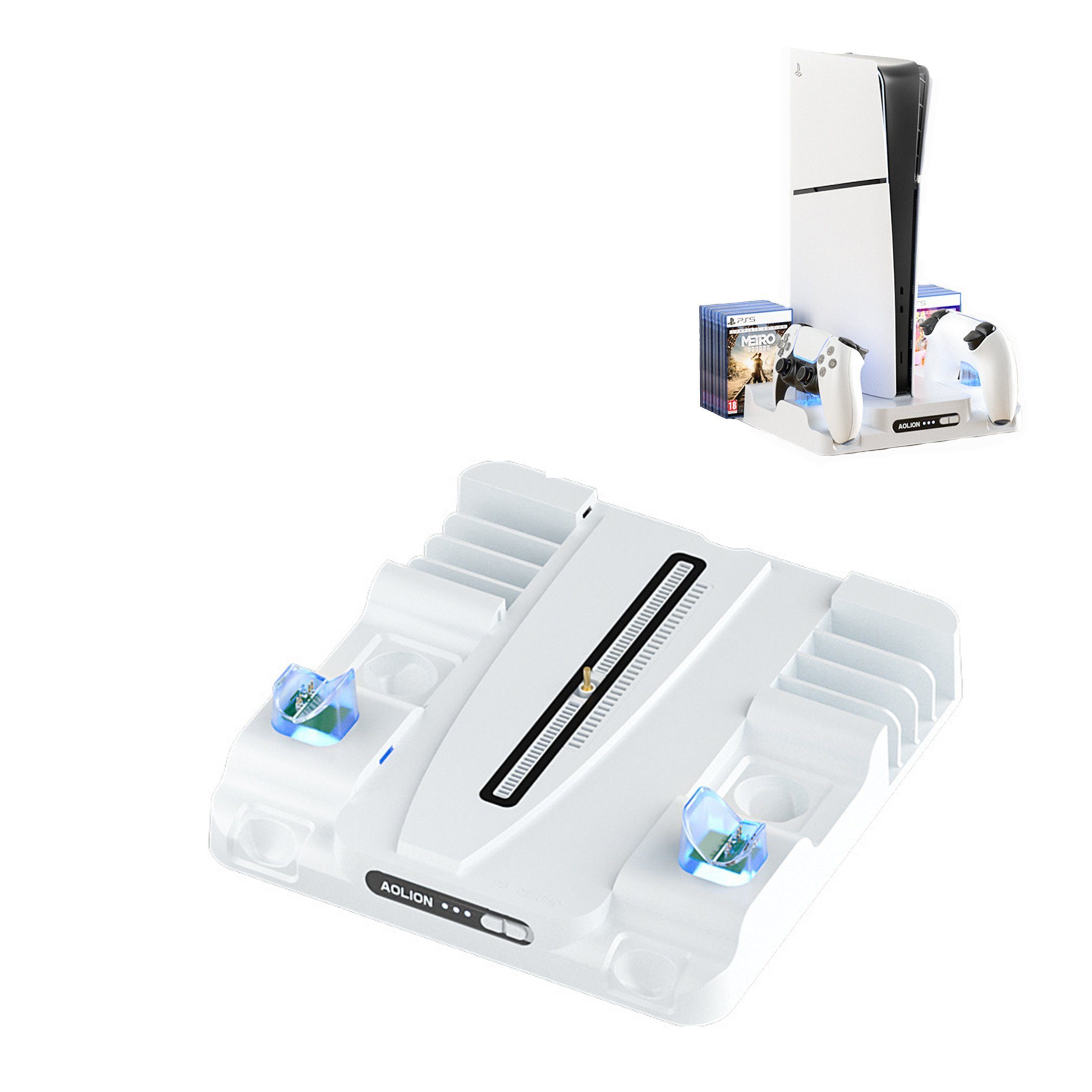Tadow PS5-Konsole Multifunktions-Ladestation,Kühlventilator-Ständer  Heizkörperkonsole, (Mit 8 Spielespeichern / 2 Ladeanschlüssen / 2  Controller-Ladestationen)