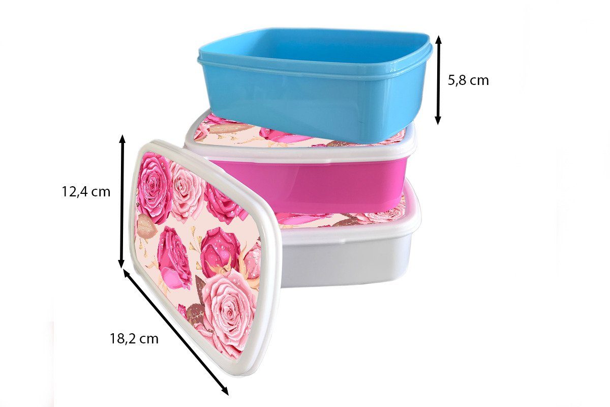 Blumen (2-tlg), - MuchoWow Erwachsene, Brotdose Brotbox Mädchen, Lunchbox für Kinder, Rosen Kunststoff, Drops, Kunststoff Snackbox, - rosa