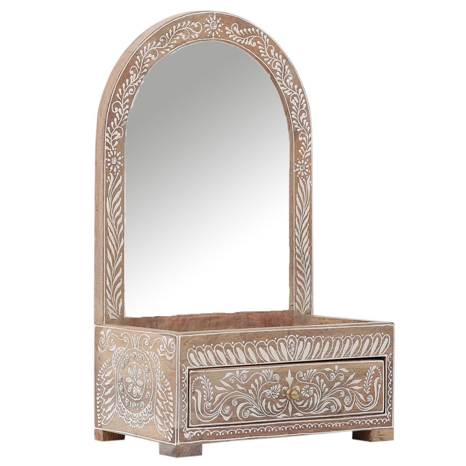 Marrakesch Orient & Mediterran Interior Schminkspiegel Boho Standspiegel Akhila handgefertigt aus Mangoholz in Bunt 39 cm (1-St), Standspiegel