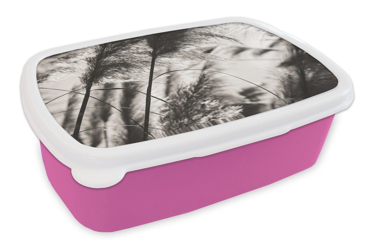 MuchoWow Lunchbox Pampasgras - Schwarz - Weiß - Pflanze, Kunststoff, (2-tlg), Brotbox für Erwachsene, Brotdose Kinder, Snackbox, Mädchen, Kunststoff rosa