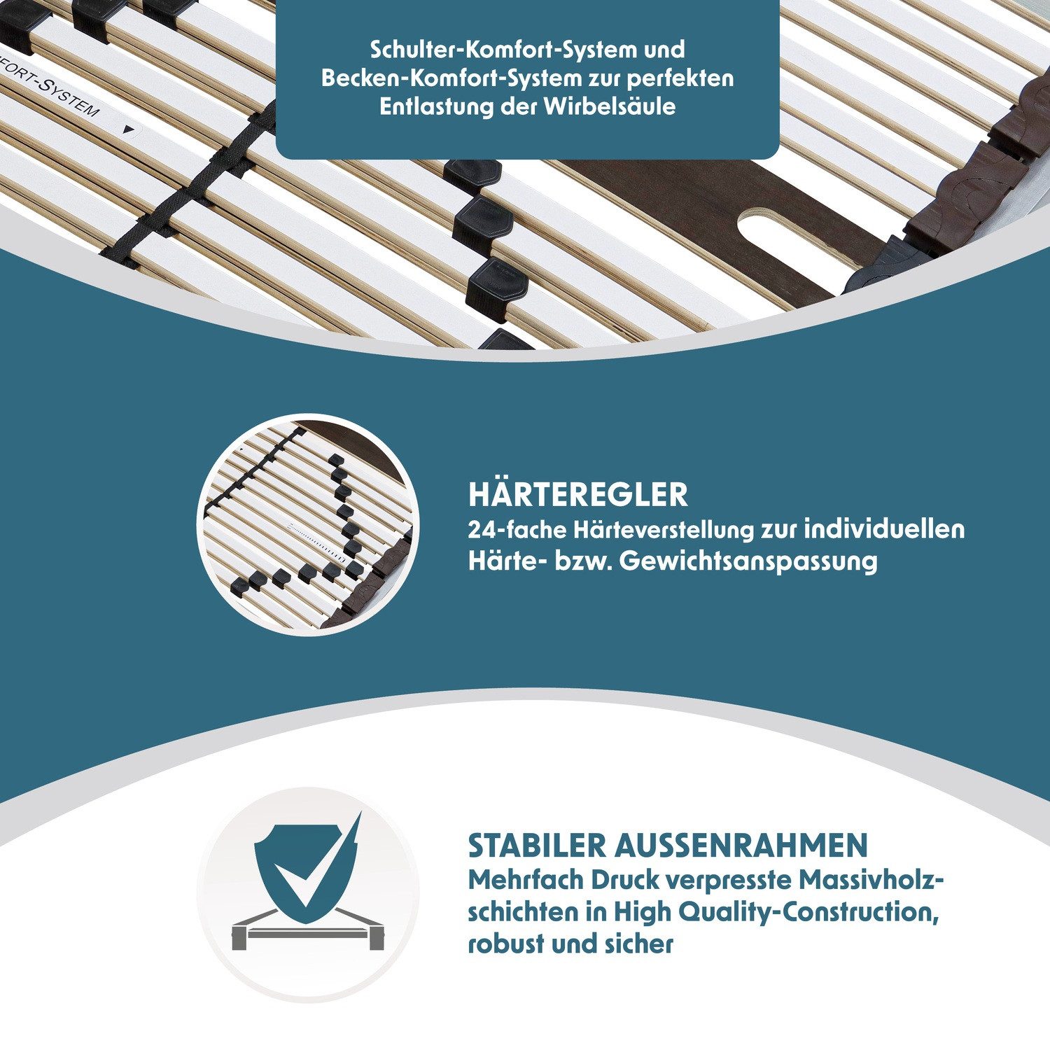 Lattenrost Big-Stabil & Fest, extra belastbar bis 200kg, Beco, Lattenrost 90x200 cm, 7.5cm hoch, 7 Zonen, vormontiert, hergestellt in Deutschland