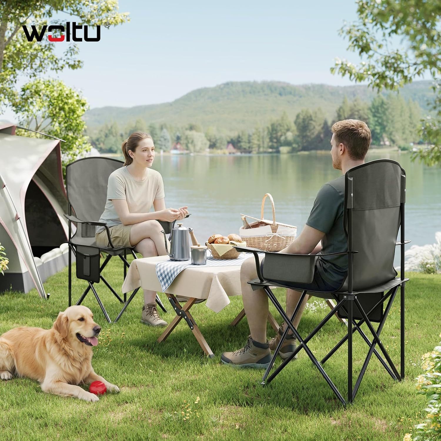 Woltu Campingstuhl (2 St), Klappbar, leicht, mit Hochlehne Kühltasche Getränkehalter Seitentasche