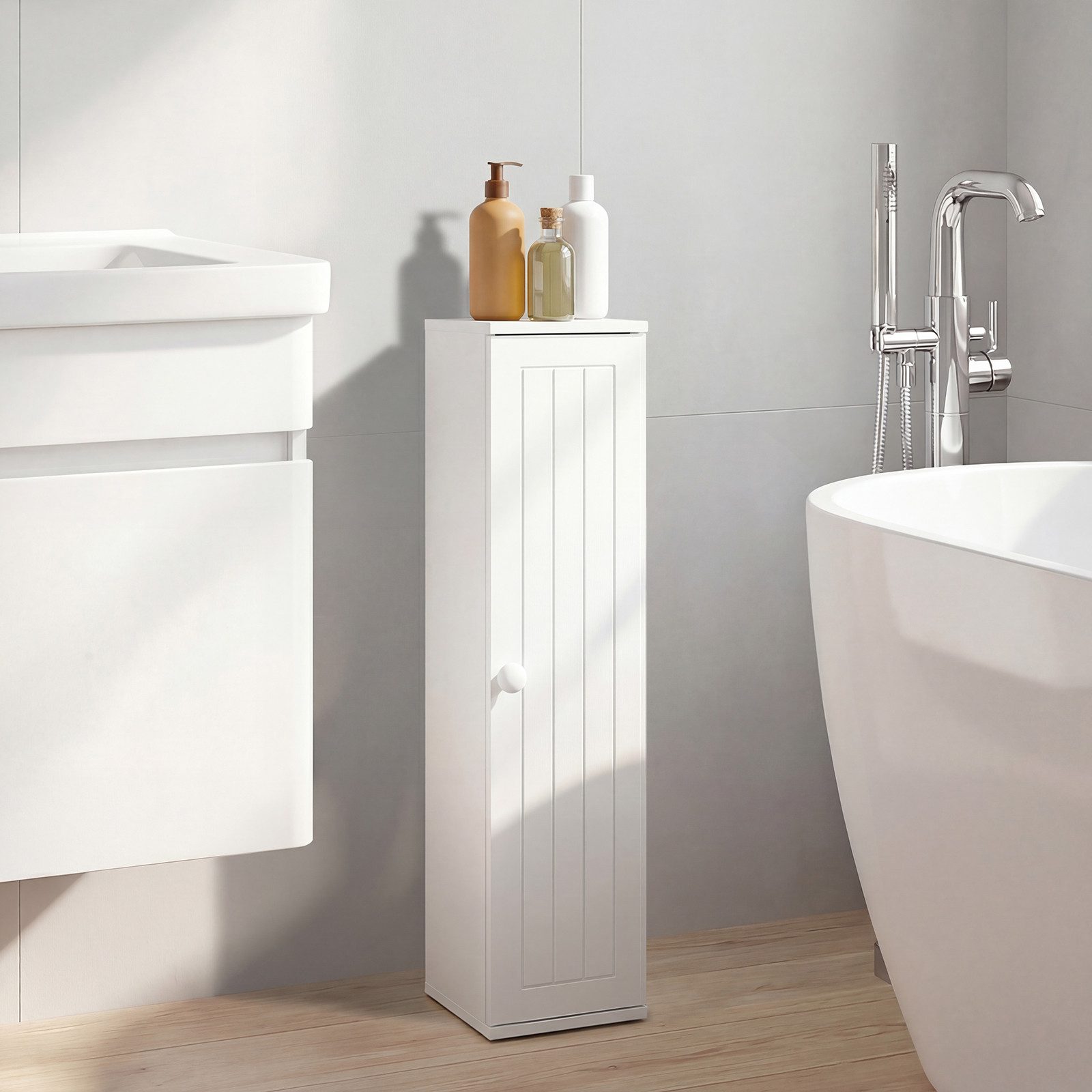 KOMFOTTEU Badkommode Toilettenschrank (1 St), mit verstellbaren Ablagen, Öffnung für Papierrollen