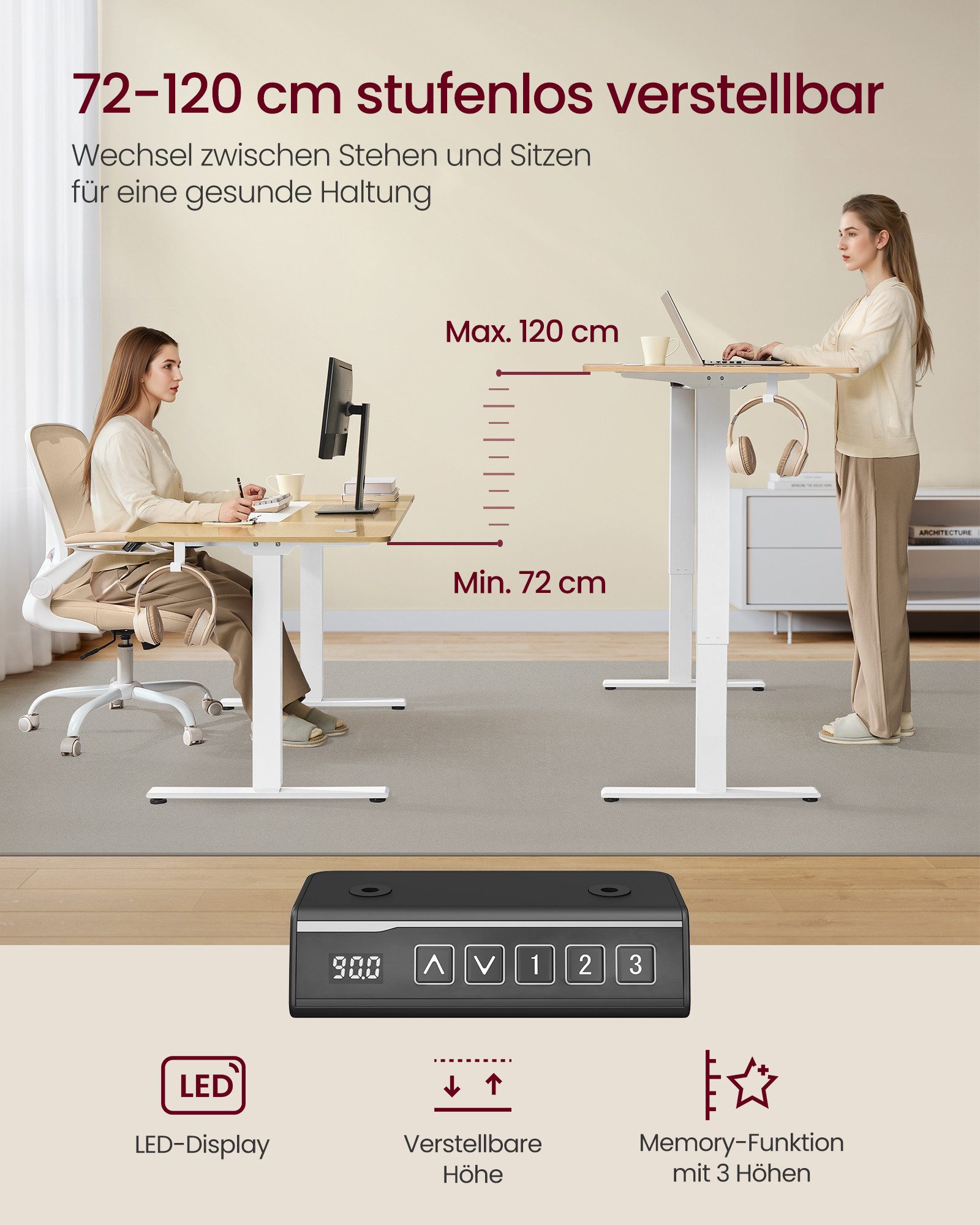 VASAGLE Schreibtisch Höhenverstellbarer Tischgestell, Elektrisch – Bild 4 von 5