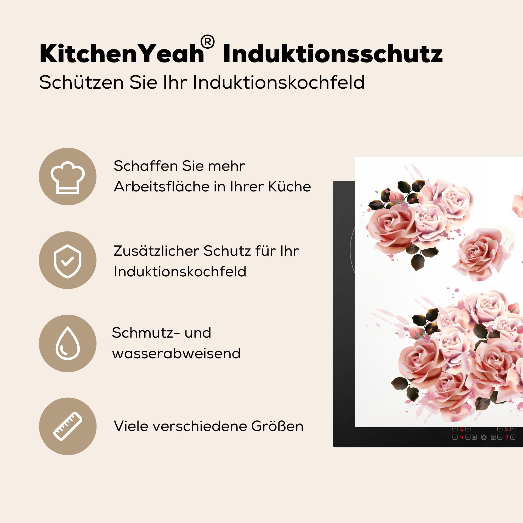 Herdblende-/Abdeckplatte (1 Vinyl, - - 78x78 Rosen tlg), MuchoWow Ceranfeldabdeckung, Arbeitsplatte Rosa küche für Farbe, cm,