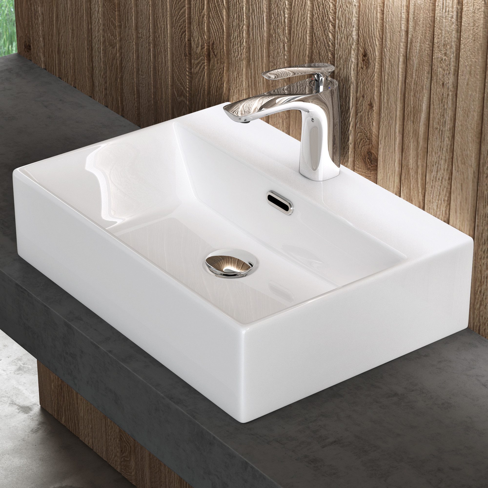 doporro Waschbecken Aufsatzwaschbecken Keramik 40-60cm Breite mit Nano-Beschichtung Br206, aus einem Stück, DIN-Anschlüsse