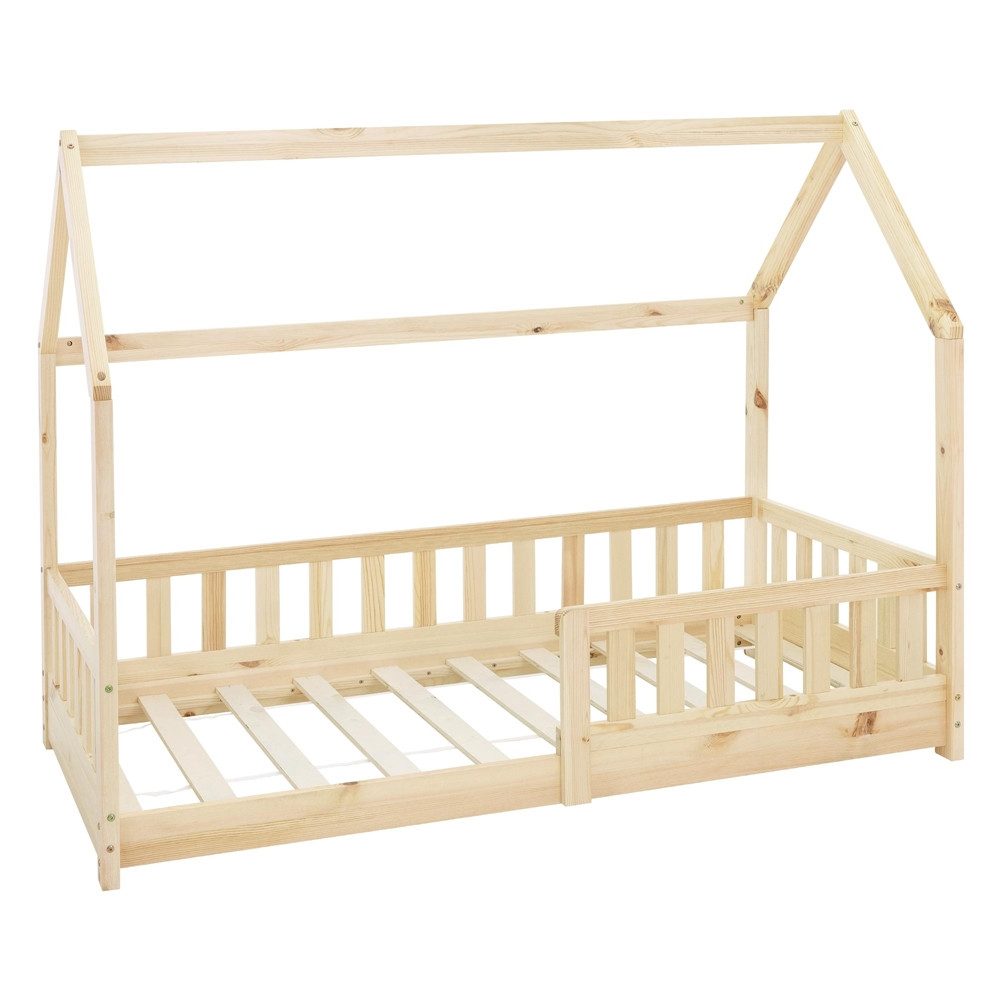 ML-DESIGN Spielbett Hausbett Kinderbett inkl. Lattenrost kreativ Bodenbett für Kinder, Abenteuerbett zum Spielen mit Rausfallschutz Kiefer Natur Himmelbett