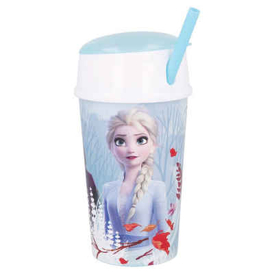 Disney Frozen Kinderbecher Elsa & Anna, Kunststoff, 2 in 1 Becher 400 ml mit integriertem Snackfach & Trinkhalm BPA frei