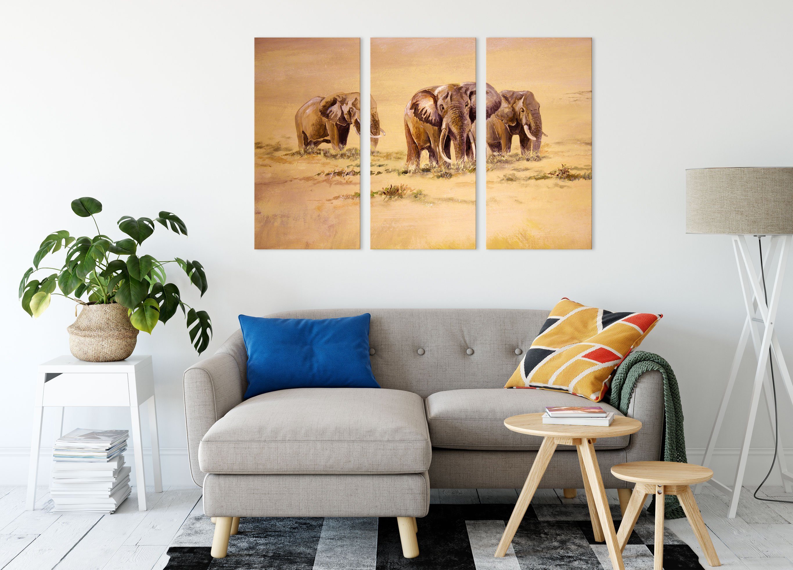 Pixxprint Leinwandbild Elefanten in inkl. St), (1 3Teiler (120x80cm) Leinwandbild Südafrika, Zackenaufhänger fertig Elefanten bespannt, Südafrika in