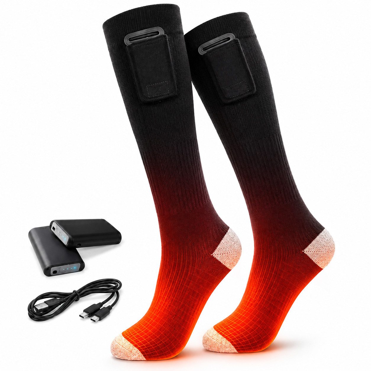 Goldstern-Tech Skisocken (Elektrisch beheizte Socken in Universalgröße, 1-Paar, 4000 mAh Akku je Socke) 3 Heizstufen, gezielte Fußsohlen-Wärme, Unisex & waschbar
