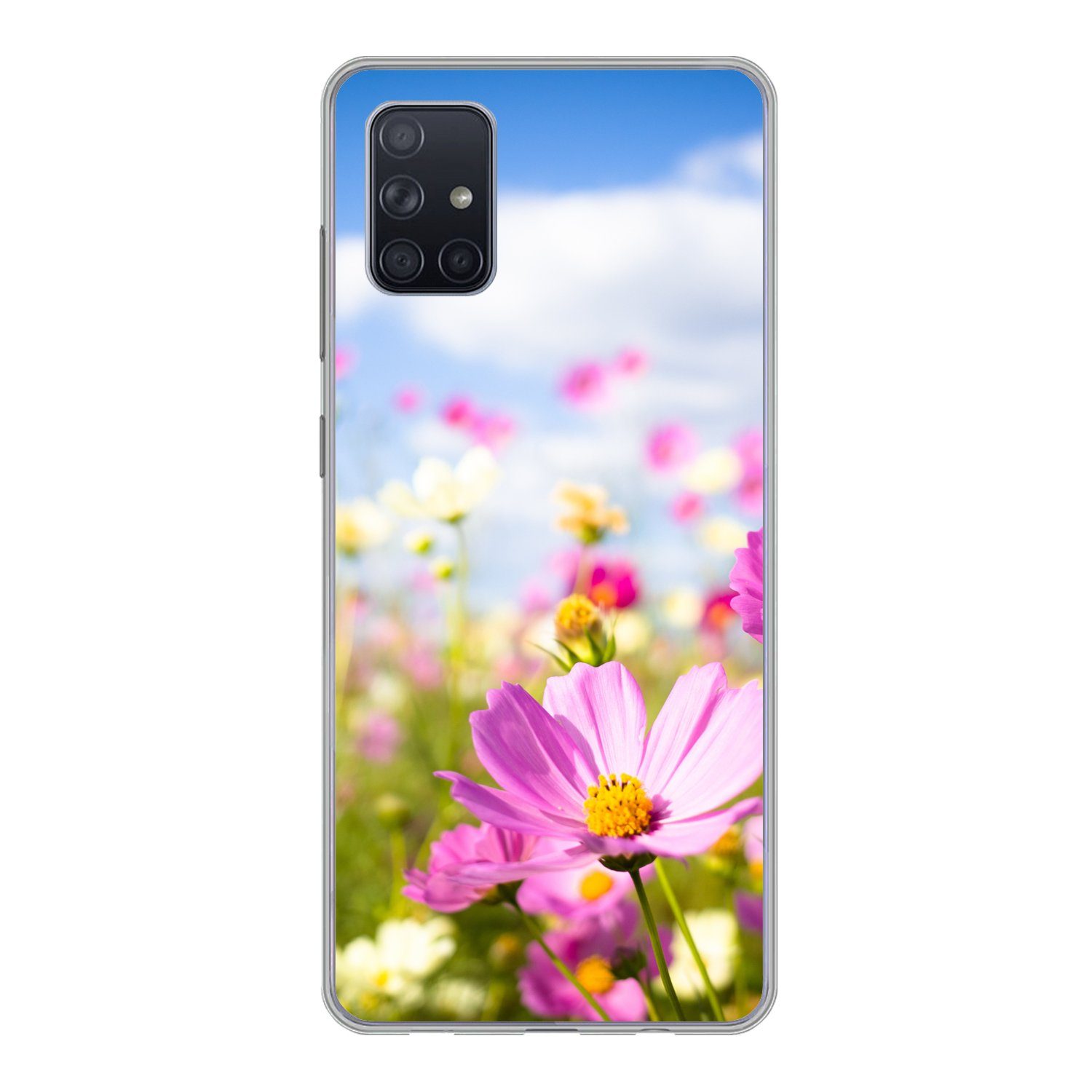 MuchoWow Handyhülle für Samsung Galaxy A71 Blumen - Wiese - Lila - Gras - Weiß - Wolken -, Phone Case, Silikon, Schutzhülle Dünn