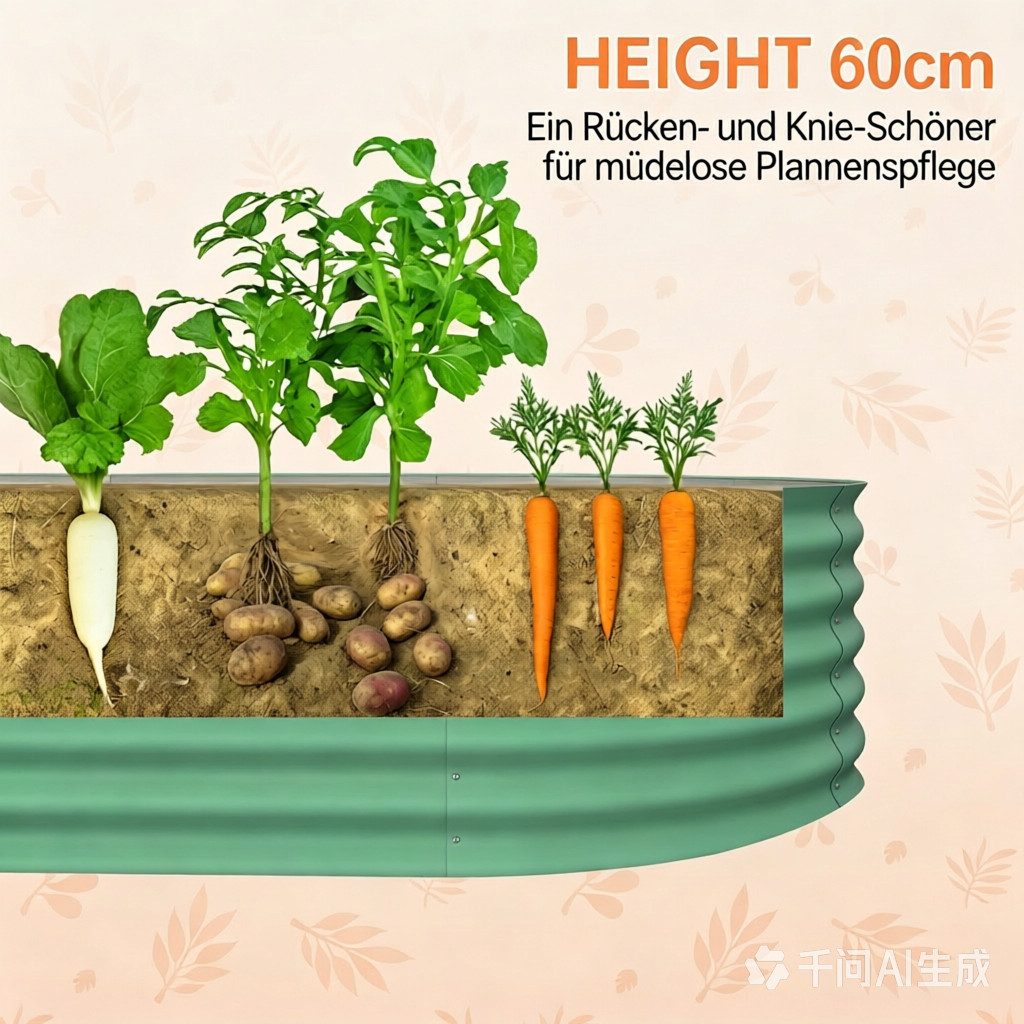 GarveeMore Hochbeet Garten Pflanzbeet oval aus Metall, 0,6mm verzinktes Stahlblech, Unkrautschutz, langlebig, für den Garten & Balkon, Grün/Beige – Bild 4 von 5