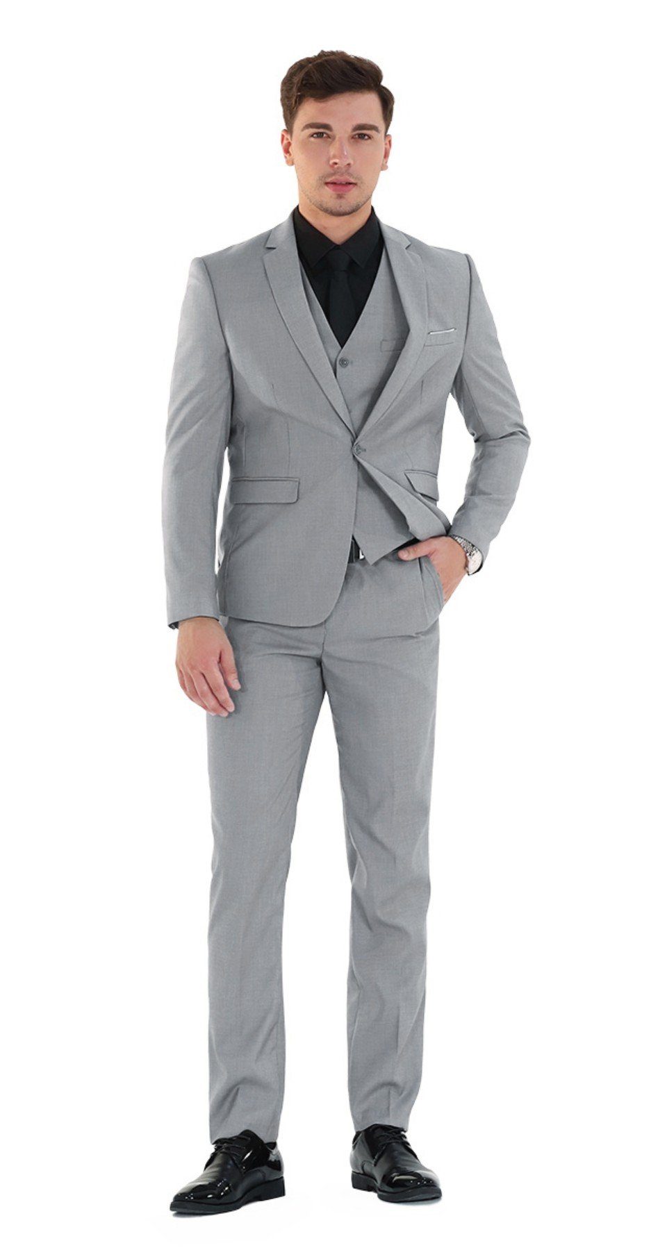 Allthemen Anzug XY03-3P (3 tlg, Sakko & Weste & Hose) Slim Fit Herrenanzug für Business Hellgrau