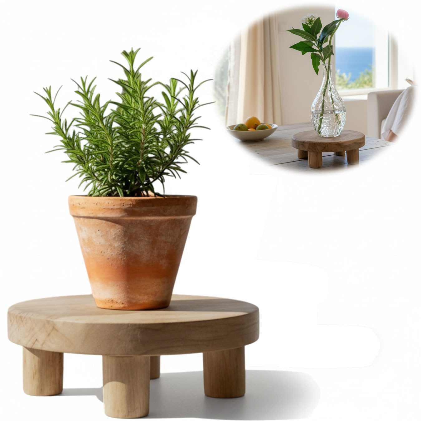 LS-LebenStil Blumenständer Pflanzenhocker Teak Holz 20x7cm Rund Mini Tisch Deko Tablett (Design Deko Hocker Teak Holz 20x7cm Mini Tisch rustikales Tischchen, 1 St., Braun 4 Füße kleiner Pflanzenständer Pflanzentisch Holzhocker Deko), FSC zertifiziert