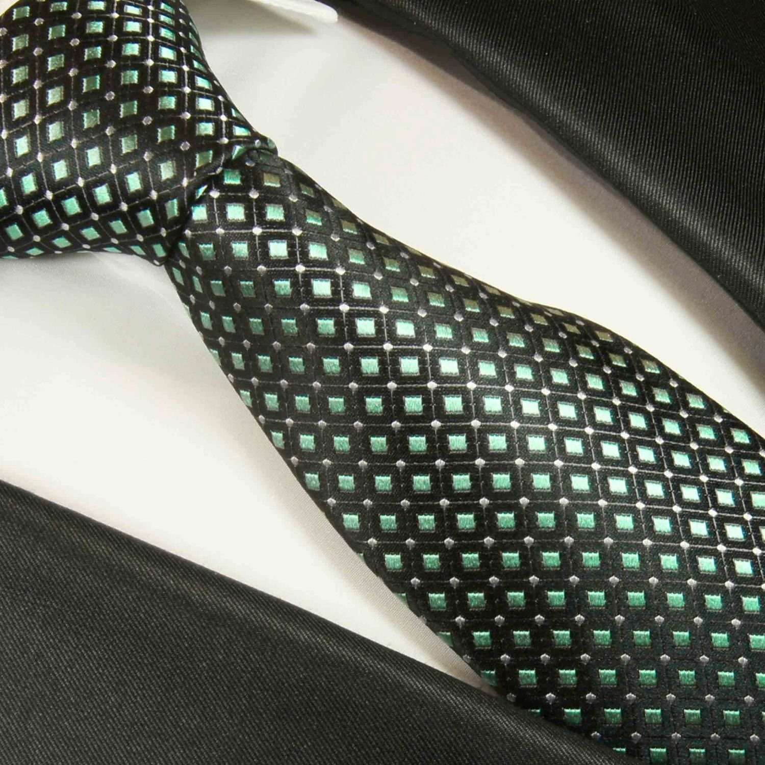 Paul Malone Extra Herren lang modern mit 2047 (165cm), 100% mit Seidenkrawatte gepunktet grün Tuch Einstecktuch) Seide Schmal 2-St., Krawatte Krawatte (Set, (6cm)