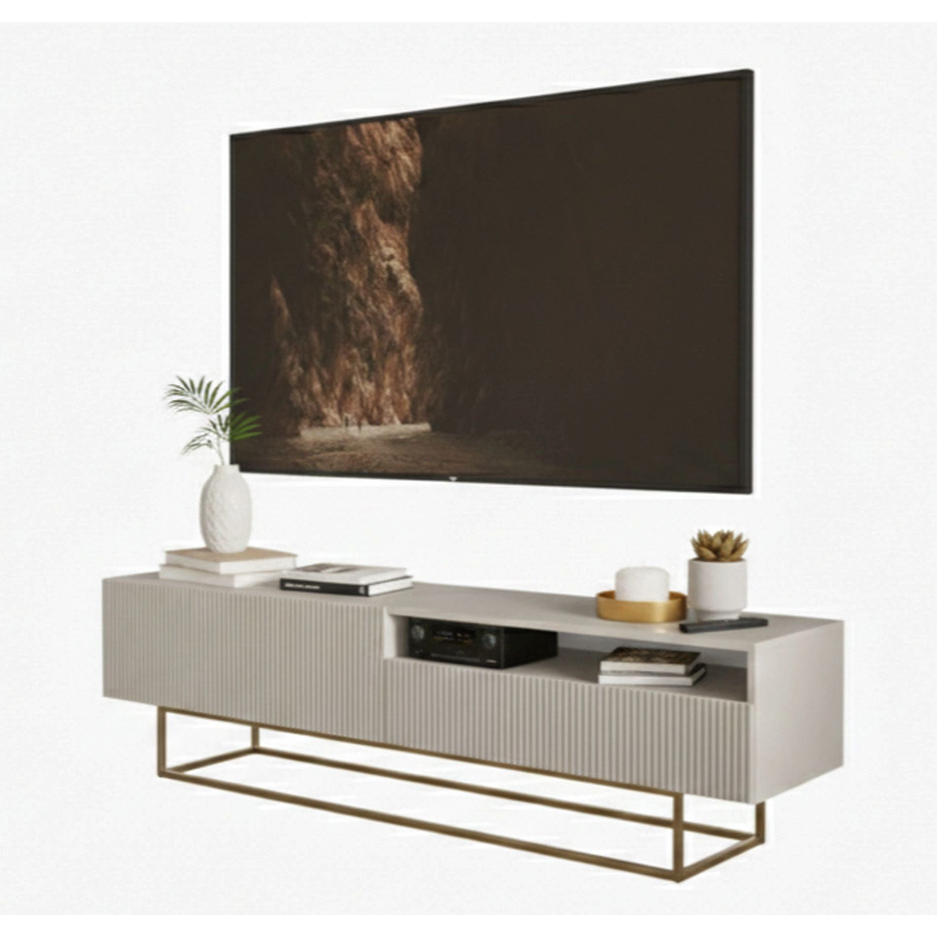 Selsey TV-Schrank VELDIO TV-Lowboard 175 cm – Offenes Fach, Riffel-Optik & Goldgestell