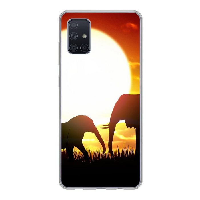 MuchoWow Handyhülle Eine Illustration von Elefanten bei Sonnenuntergang Phone Case Handyhülle Samsung Galaxy A71 Silikon Schutzhülle