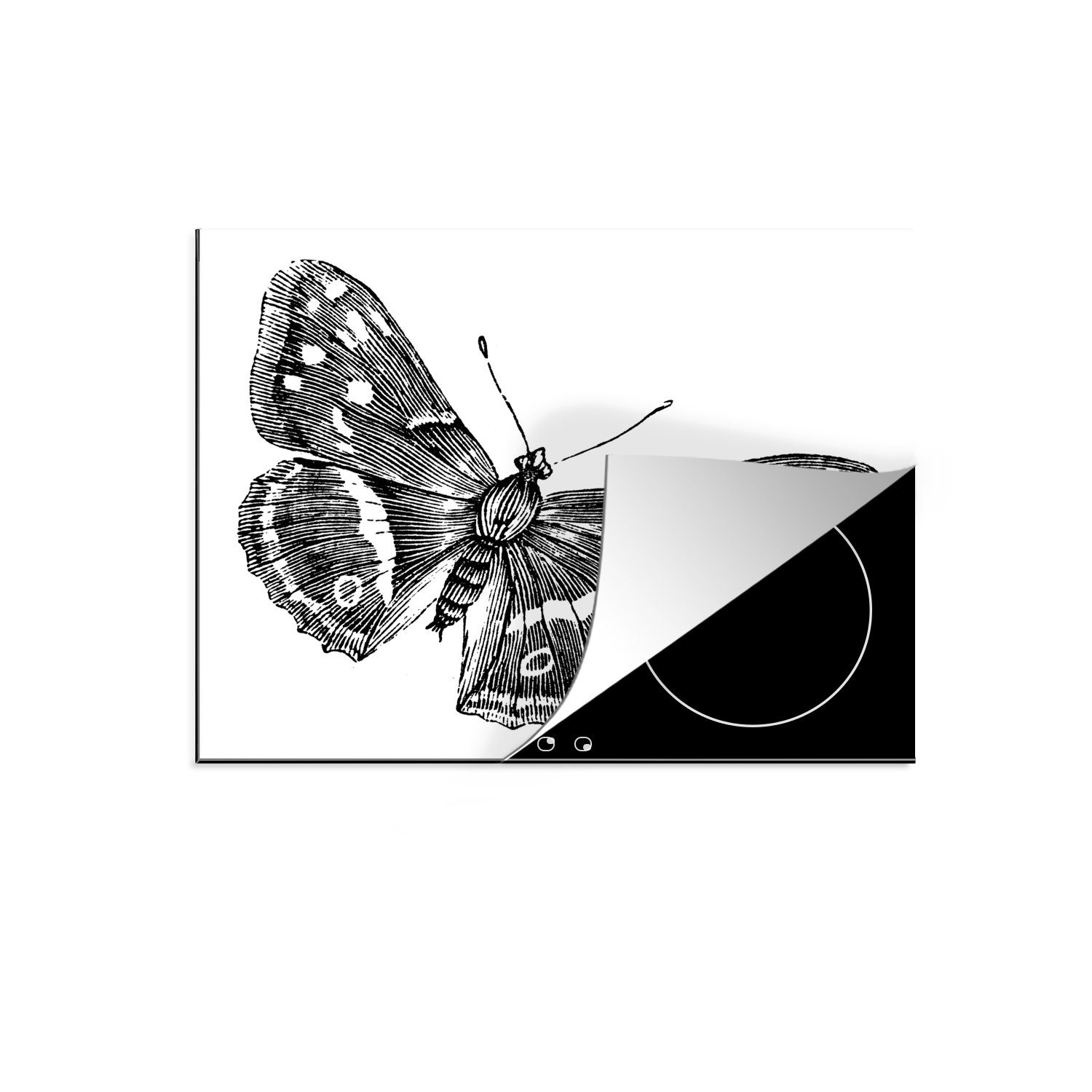MuchoWow Herdblende-/Abdeckplatte Eine schwarz-weiße Illustration eines Schmetterlings, Vinyl, (1 tlg), 60x52 cm, Mobile Arbeitsfläche nutzbar, Ceranfeldabdeckung
