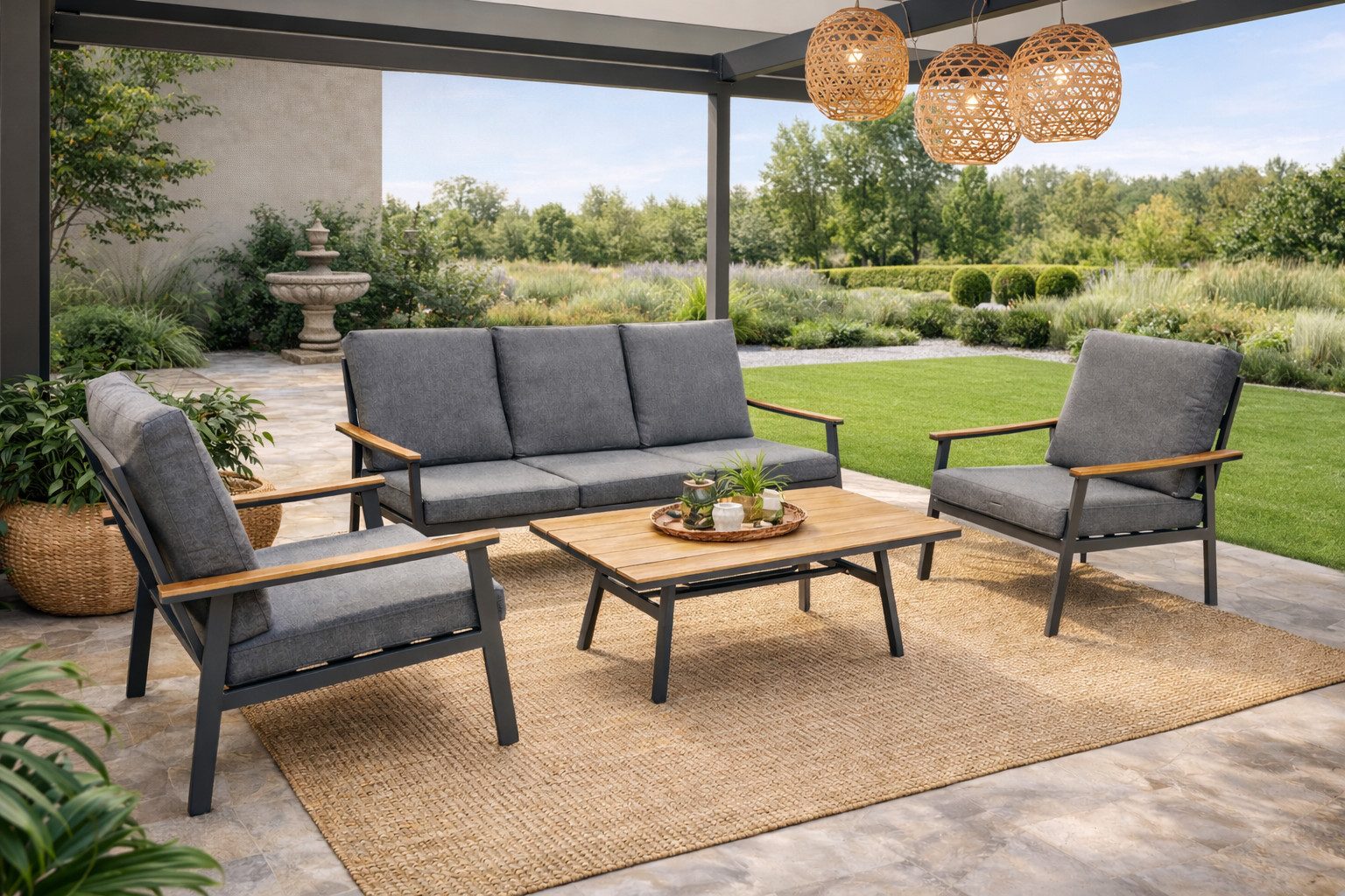 DEGAMO Gartenlounge-Set CALGARY 4-teilig, Aluminium anthrazit, Polster grau, extra grosse Ausführung