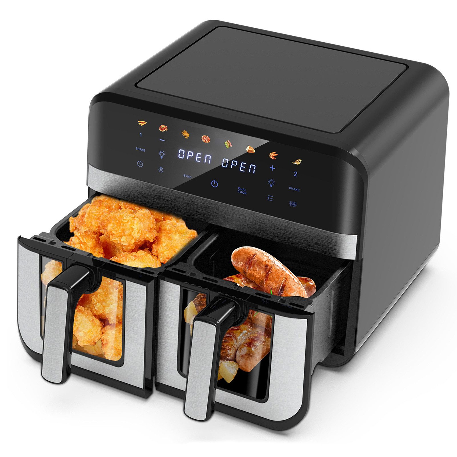 Heißluftfritteuse Dual Zone Airfryer mit Sichtfenster XXL 9L,ohne ÖL für Luftbraten, Braten, Heissluftfritteuse Doppelkammer Einkammer Verstellbar