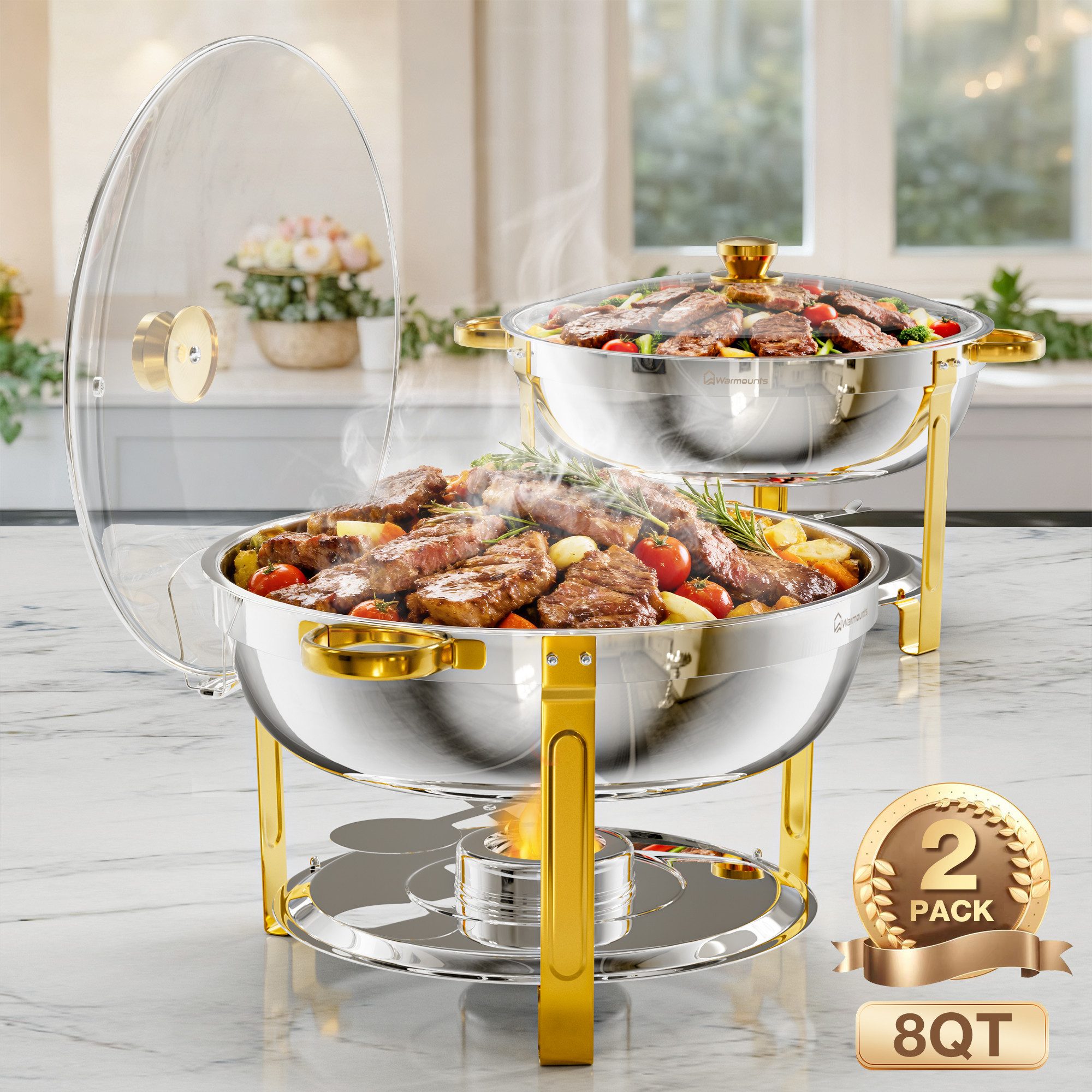 Warmounts Speisenwärmer 7,5 L Chafing Dish Speisenwärmer Set, (2-tlg., 8QT Rund, Edelstahl mit Deckelhalter und Glasdeckel), Buffet Warmhalter-Set für Catering,Partys,Abendessen