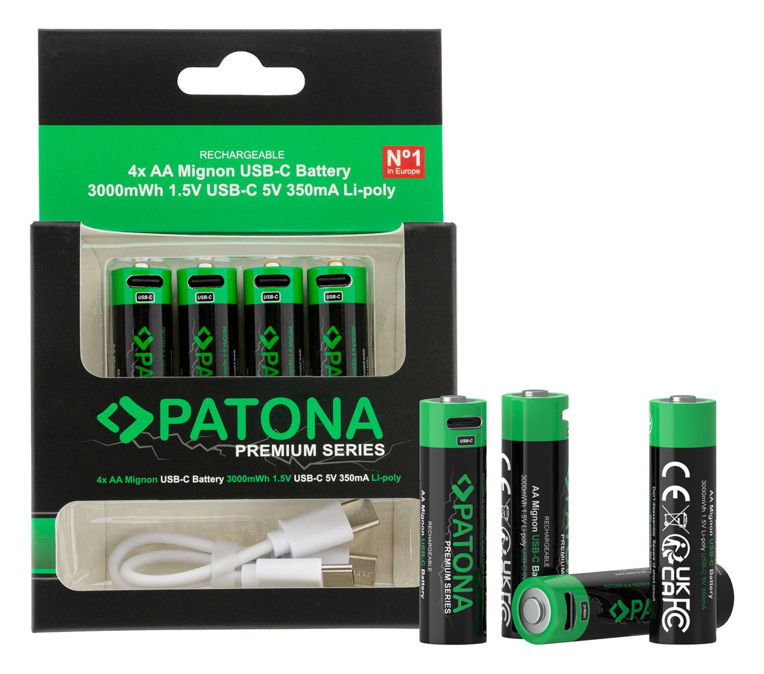 Patona 4 USB-C Premium AA Akkus Lithium 3000mWh Batterie, aufladbar mit 1 zu 2 USB-C Ladekabel (im Lieferumfang enthalten)
