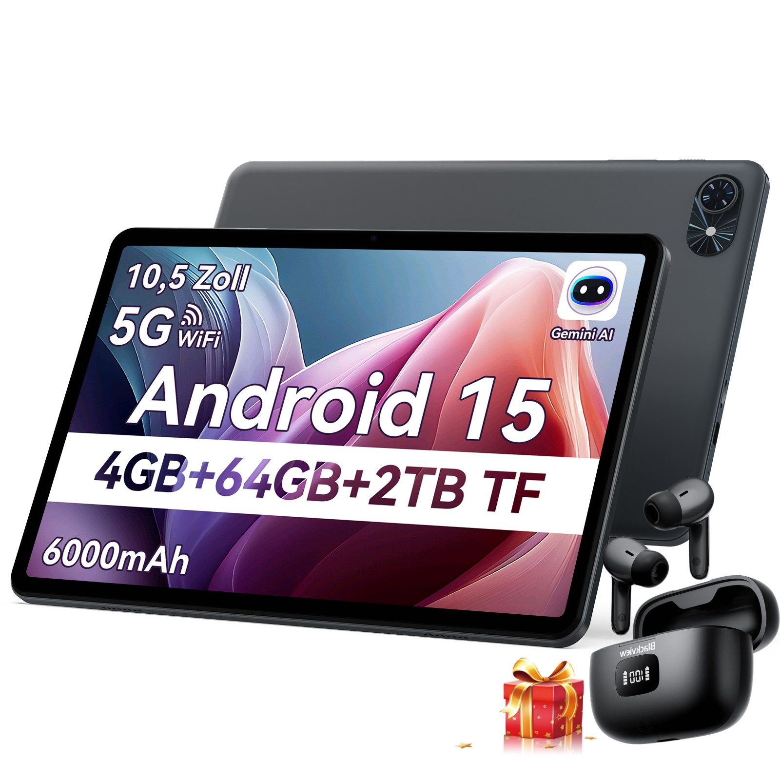 TABWEE T80 64/128GB Android 15 incl. Airbuds 8 Tablet (10.1", Android15, 5G wifi, Android 15, Gemini AI, PC-Modus)