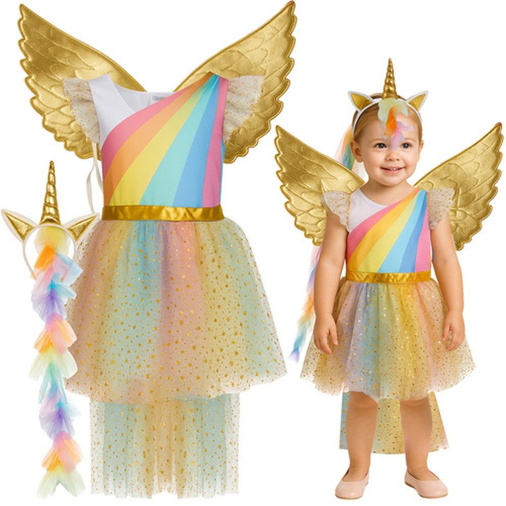 KRUZZEL Kostüm Kinderkostüm Einhornkostüm Fasching, Enthält Kleid, goldene Flügel und Stirnband mit Einhornhorn