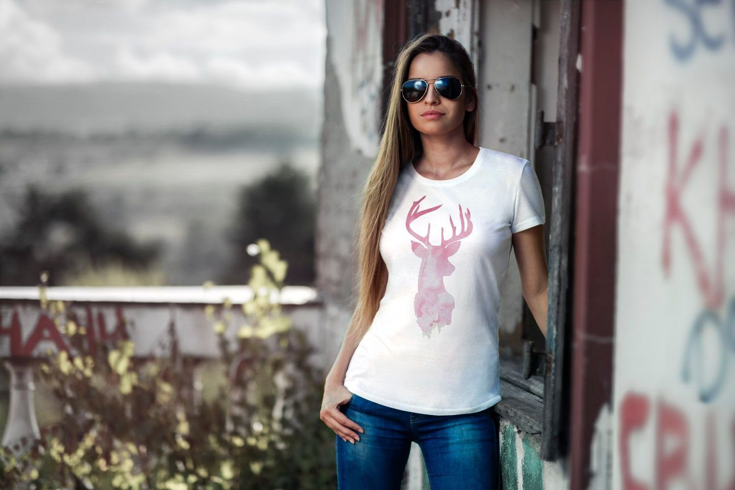 Neverless Print-Shirt Damen T-Shirt Hirsch Geweih Kopf Deer Watercolor Polygon Tier Slim mit Print – Bild 3 von 4