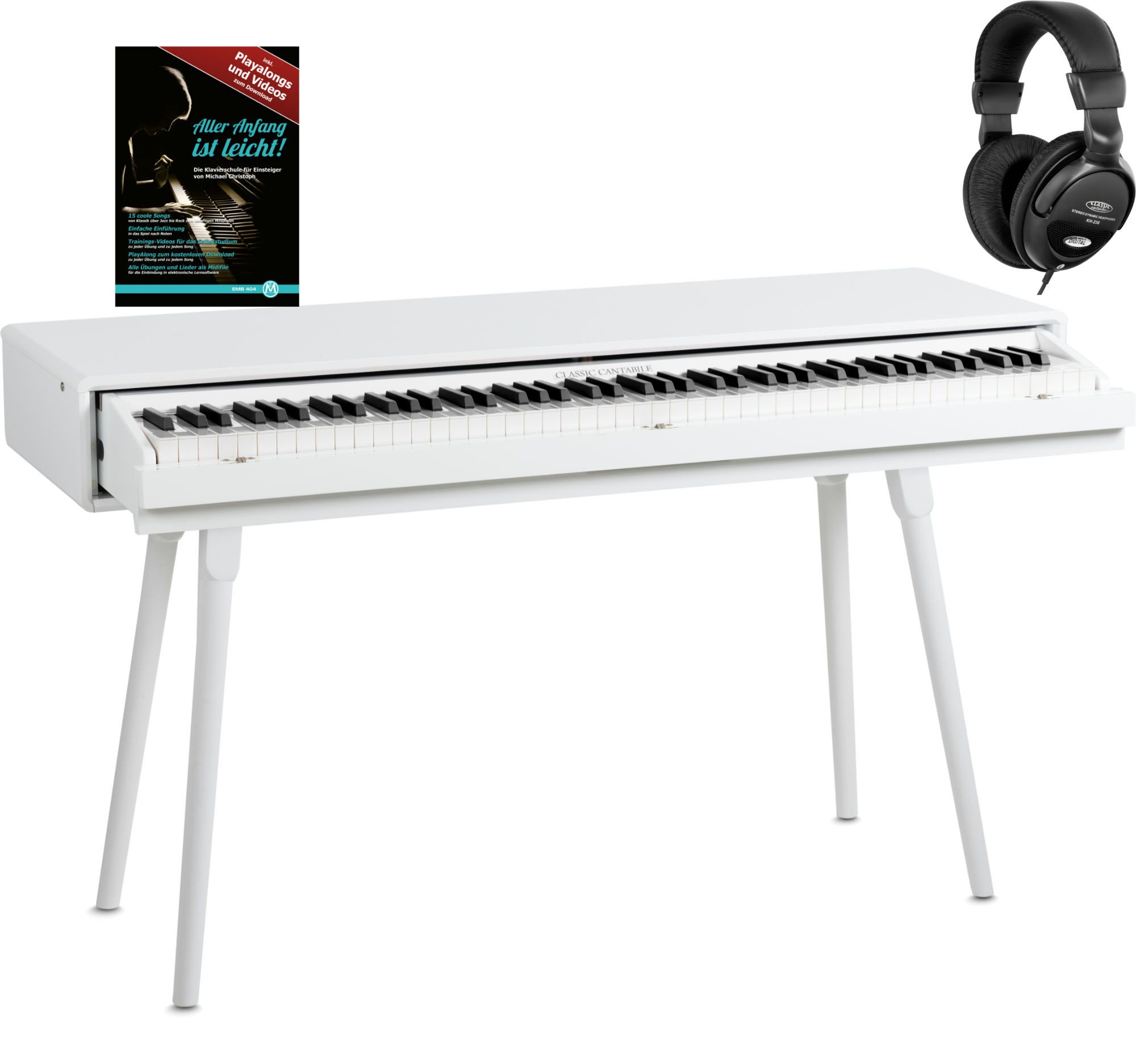 Classic Cantabile Digitalpiano DP-730 WL Weiß matt Small Set (Set, inklusive Kopfhörer und Klavierschule), Tisch mit eingebautem Digitalpiano 88 Tasten mit Hammermechanik