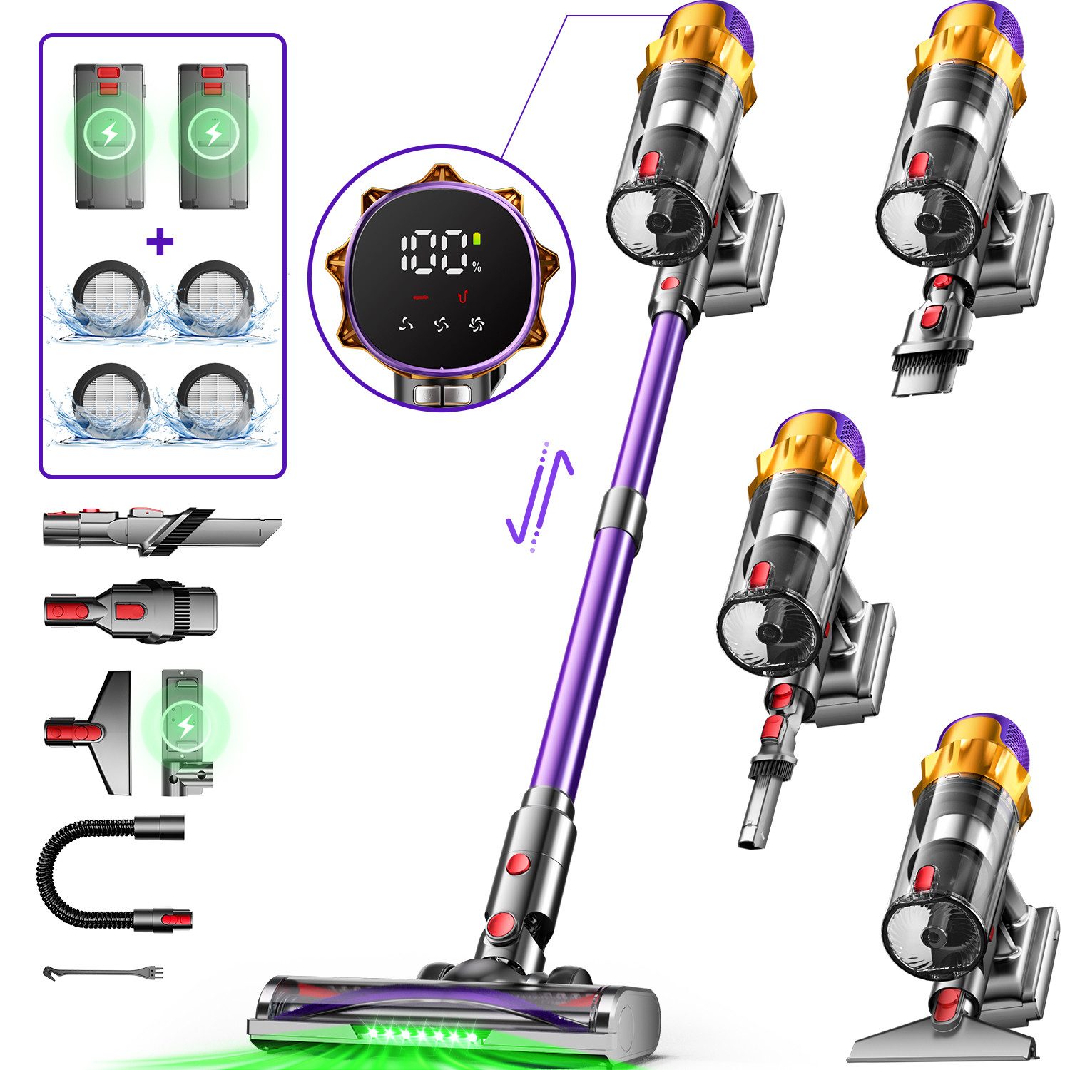 Hiazurm Akku-Hand-und Stielstaubsauger Akku Staubsauger,80000pa Akkusauger,70Min/1,8L, 700 W, Kabelloser Staubsauger mit LED-Display,Batterie*2,HEPA*4, Super Leise Stabstaubsauger für Tierhaare und Teppiche
