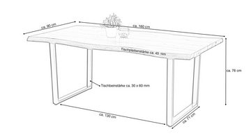 Die Möbelfundgrube® Baumkantentisch KEIKO / Baumkantenoptik 160 cm / 200 cm / Wildeiche, 45 mm Tischplatte / U-Gestell schwarz Metall / Industrial