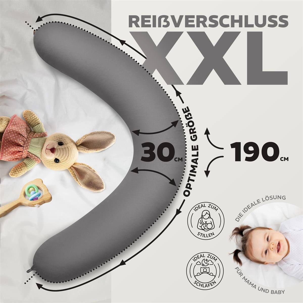 SEI Design Stillkissen Seitenschläferkissen XXL 190x35 Schwangerschaftskissen Lagerungskissen, Schwangerschaftskissen mit Bezug, 1-tlg., Seitenschläferkissen, P – Bild 4 von 5