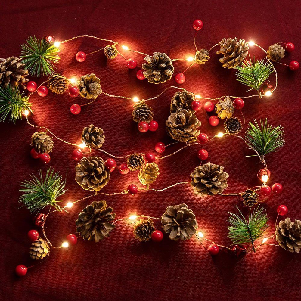 Sunicol LED-Lichterkette 1.8M Weihnachtslichter, Lichtervorhang, Girlande, Innen Deko, Blätter, Party Fensterbeleuchtung Kiefernzapfen Beere Außen Hochzeit Rote Innen für Weihnachtsbaum