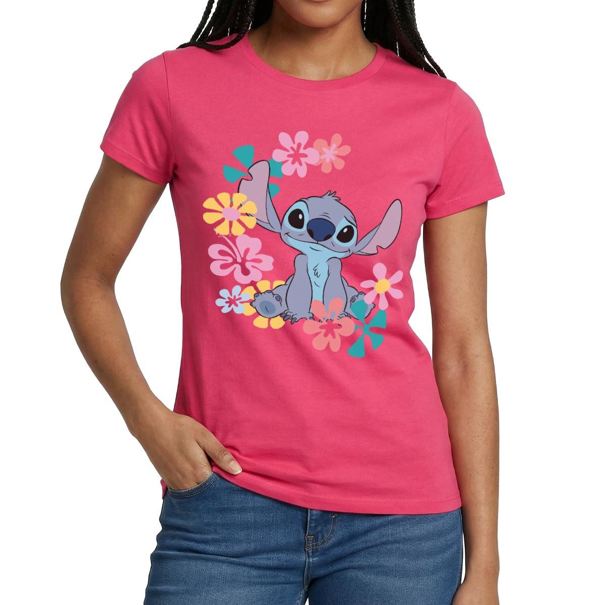 Spreadshirt T-Shirt Lilo & Stitch, Stitch Mit Hawaiianischen Blumen Frauen günstig online kaufen