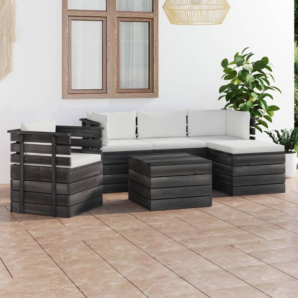 vidaXL Gartenlounge-Set Garten-Sofagarnitur mit aus Paletten (6-tlg) 6-tlg. Creme Kiefernholz, Kissen