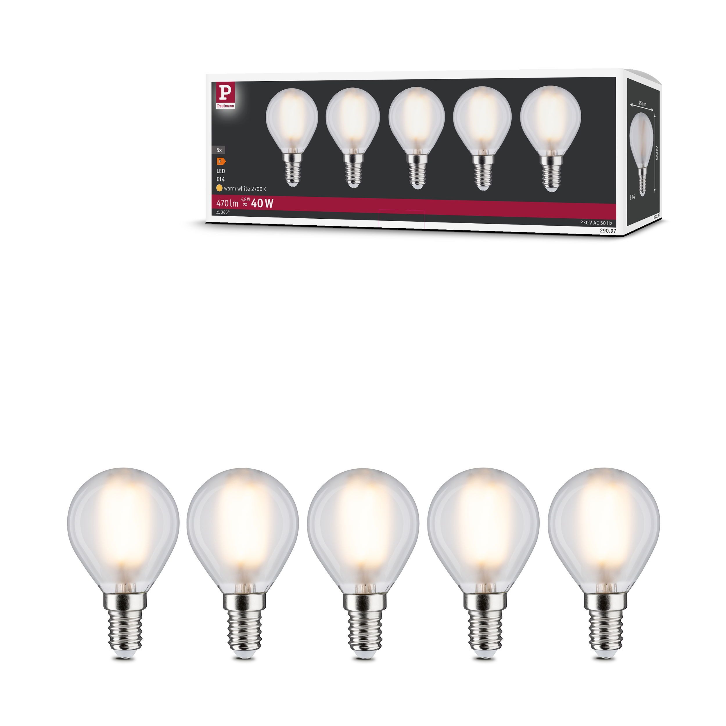 Paulmann LED-Leuchtmittel 5er Pack Tropfen 470lm 2700K matt 230V, E14, 5 St., Warmweiß