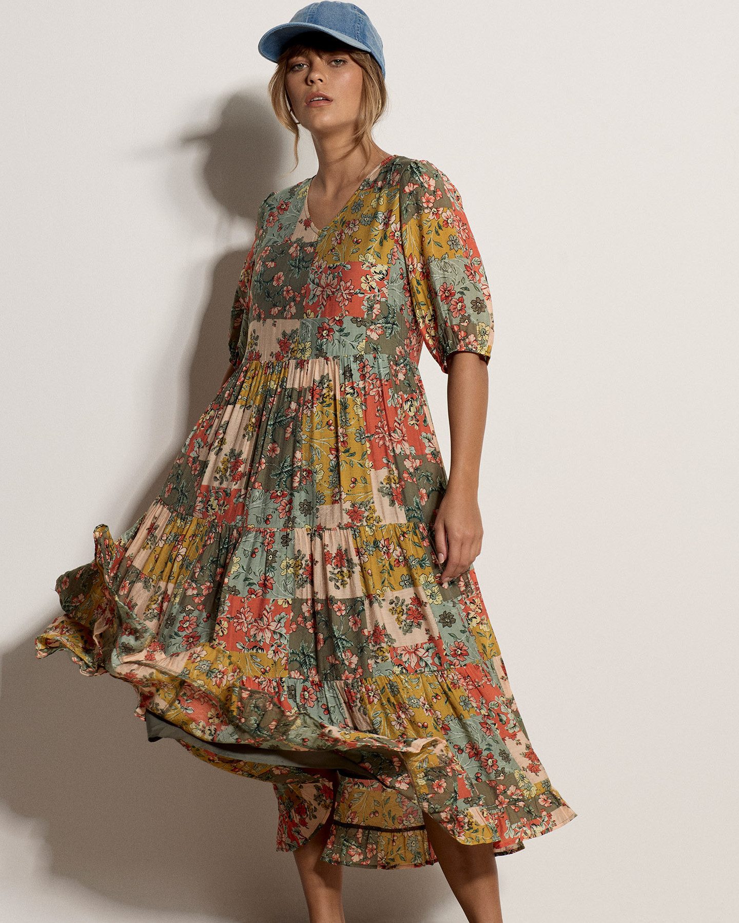 Apricot Midikleid Patchworkkleid mit Stufenrock