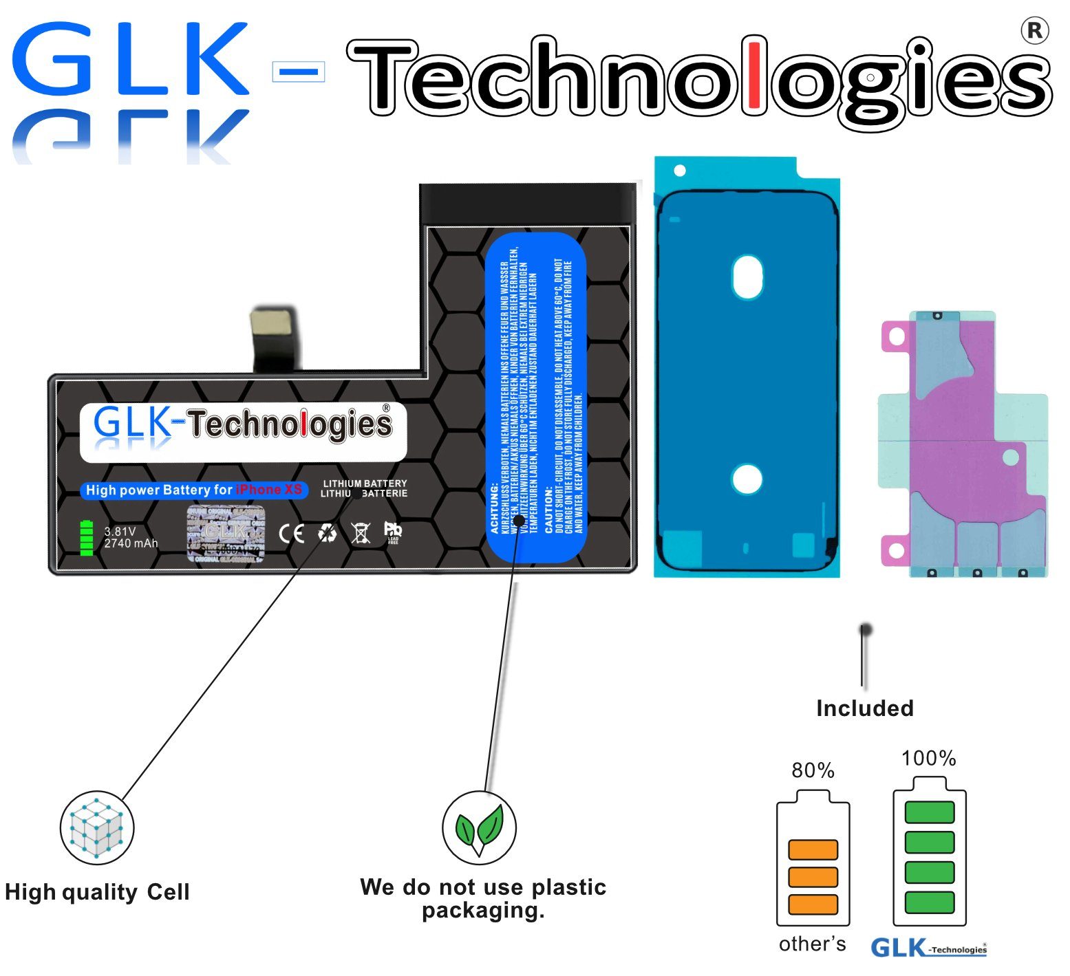 GLK-Technologies High Power Ersatz Akku für Apple iPhone XS inkl. 2X Klebebandsätze Smartphone-Akku 2740 mAh (3,8 V)