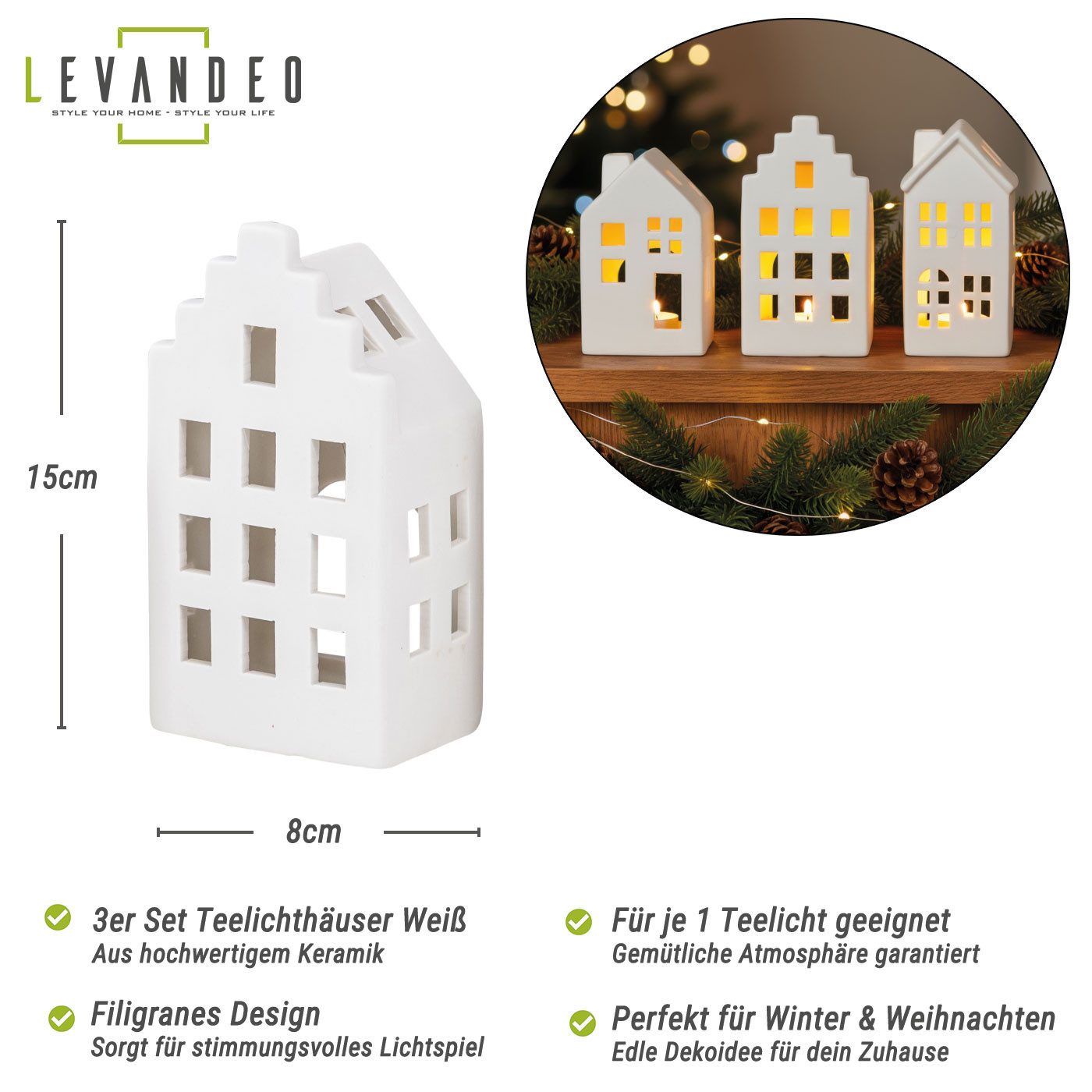 Levandeo® Teelichthalter, 3er Set Teelichthalter Haus Weiß Keramik Kerzenha günstig online kaufen