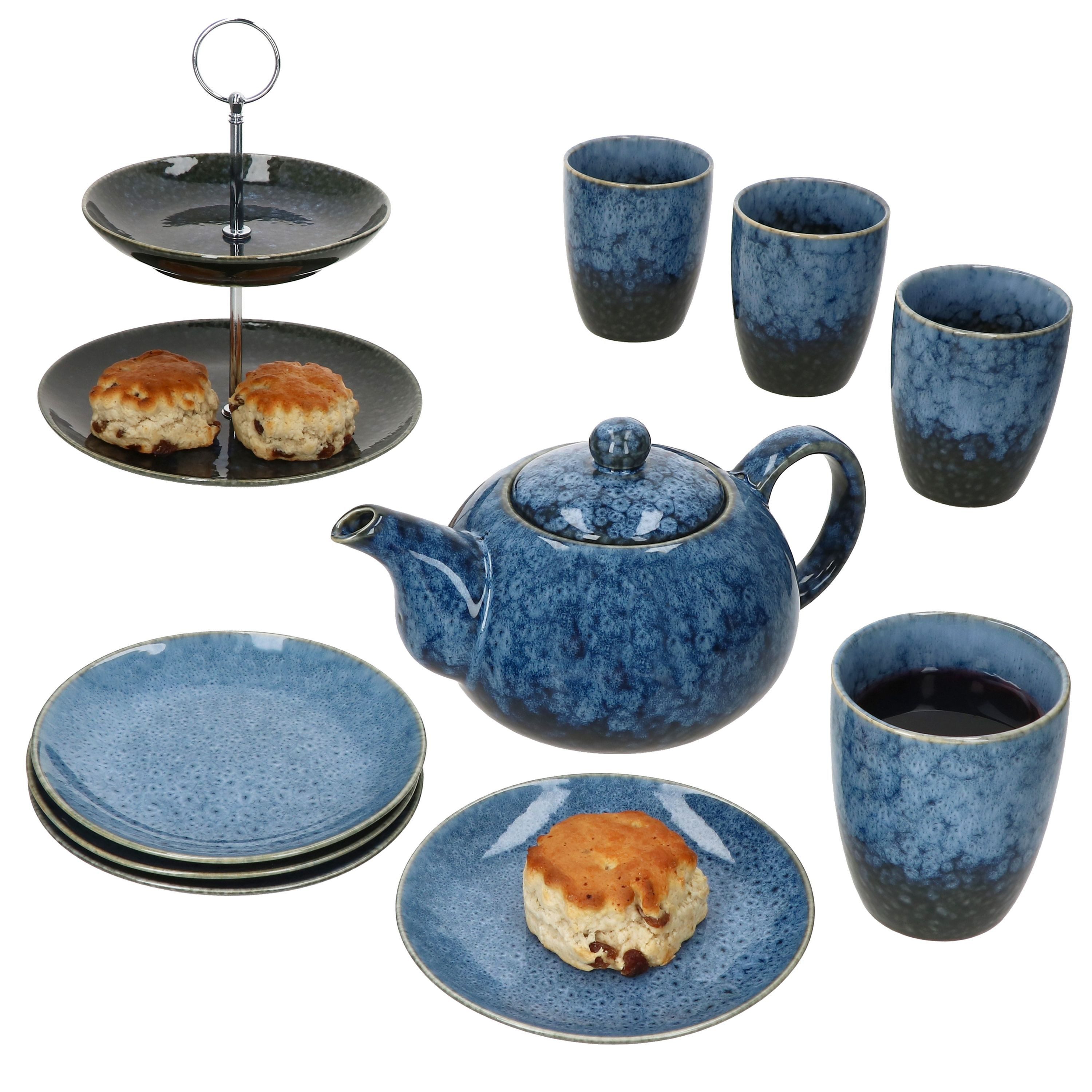 MamboCat Teekanne 10tlg Teeset Scones Blau Etagere Kanne Becher Teller 4 Pers Teeservice