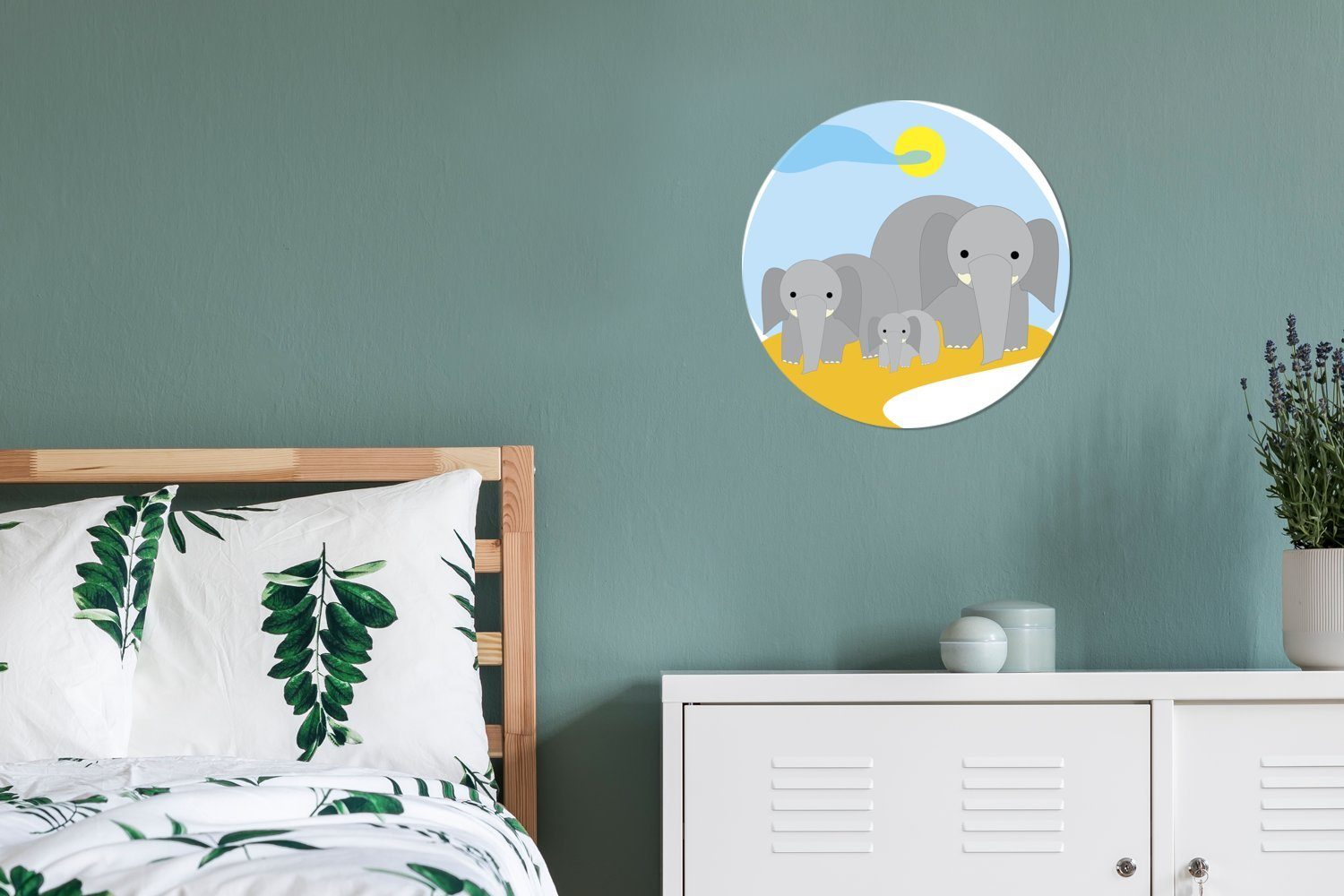 MuchoWow Wandsticker Eine Tapetenkreis Kinderzimmer, Feld von für einem Illustration Elefanten, auf Wohnzimmer (1 Tapetenaufkleber, die stehen Rund, St), drei