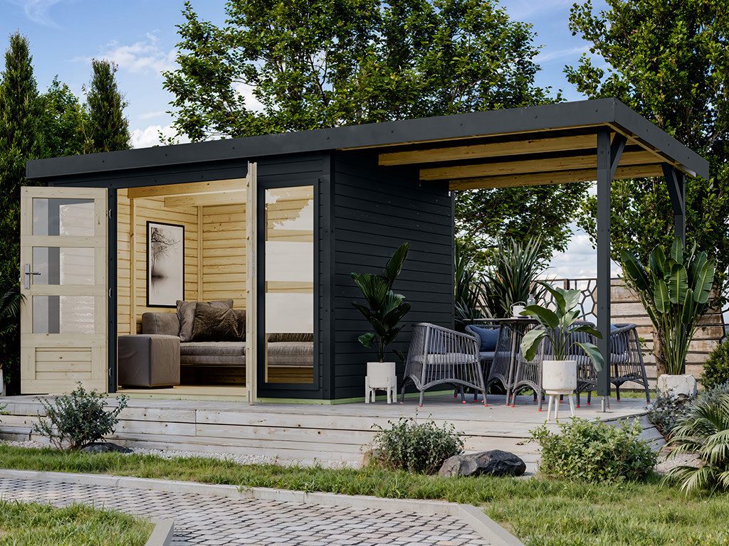 Karibu Gartenhaus Gartenhaus Hybridgartenhaus Hera 4 19 mm anthrazit mit Anbaudach, BxT: 514.50x213.50 cm, Anbaudach, 19 mm Wandstärke