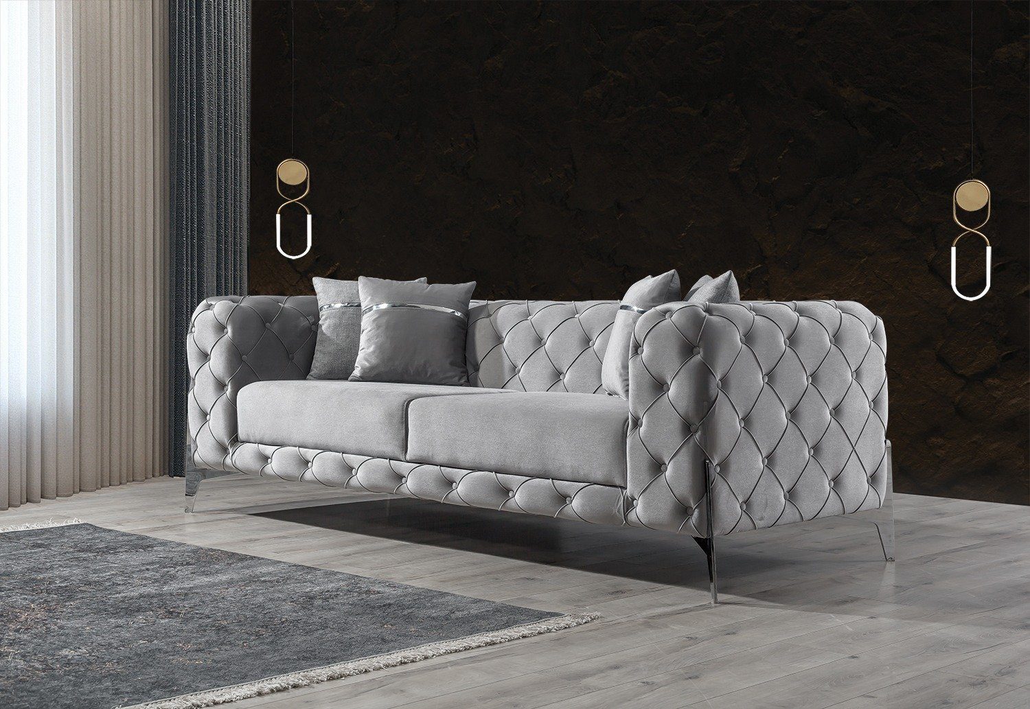 Villa Möbel Sofa Bari, 1 Stk. 3-Sitzer, Quality Made in Turkey, Luxus-Microfaser (100% Polyester) Grau