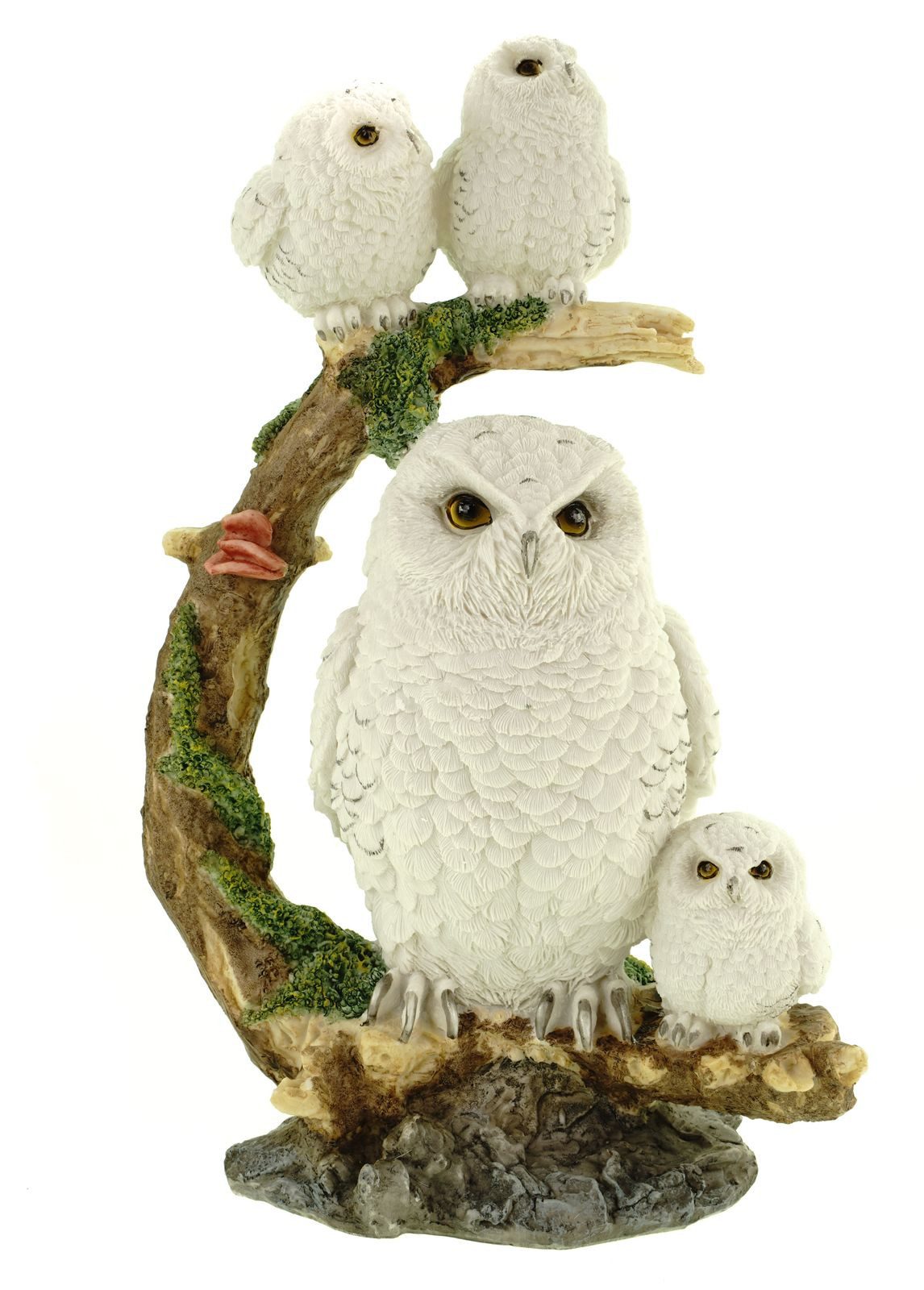 Dekofigur Schneeeulenweibchen mit 3 Jungen auf Ast 32 cm Uhu Eule Tierfigur bunt
