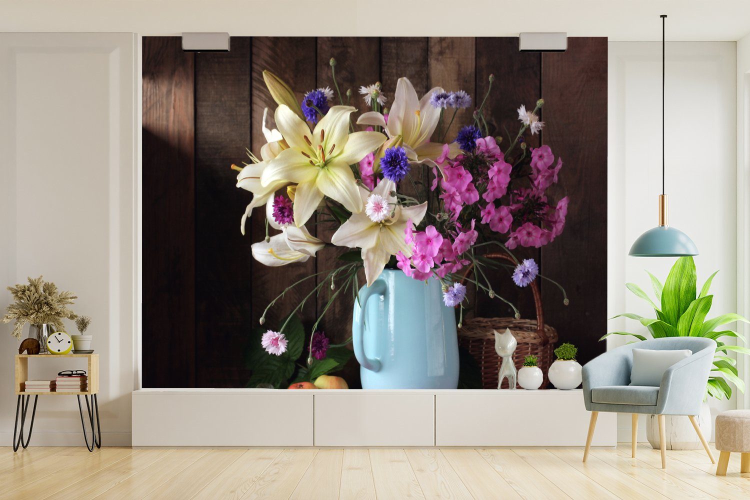 Wohnzimmer, Fototapete bedruckt, (5 Vinyl Sommer, - Wandtapete St), MuchoWow Tapete Korb Montagefertig Blumen Matt, für -