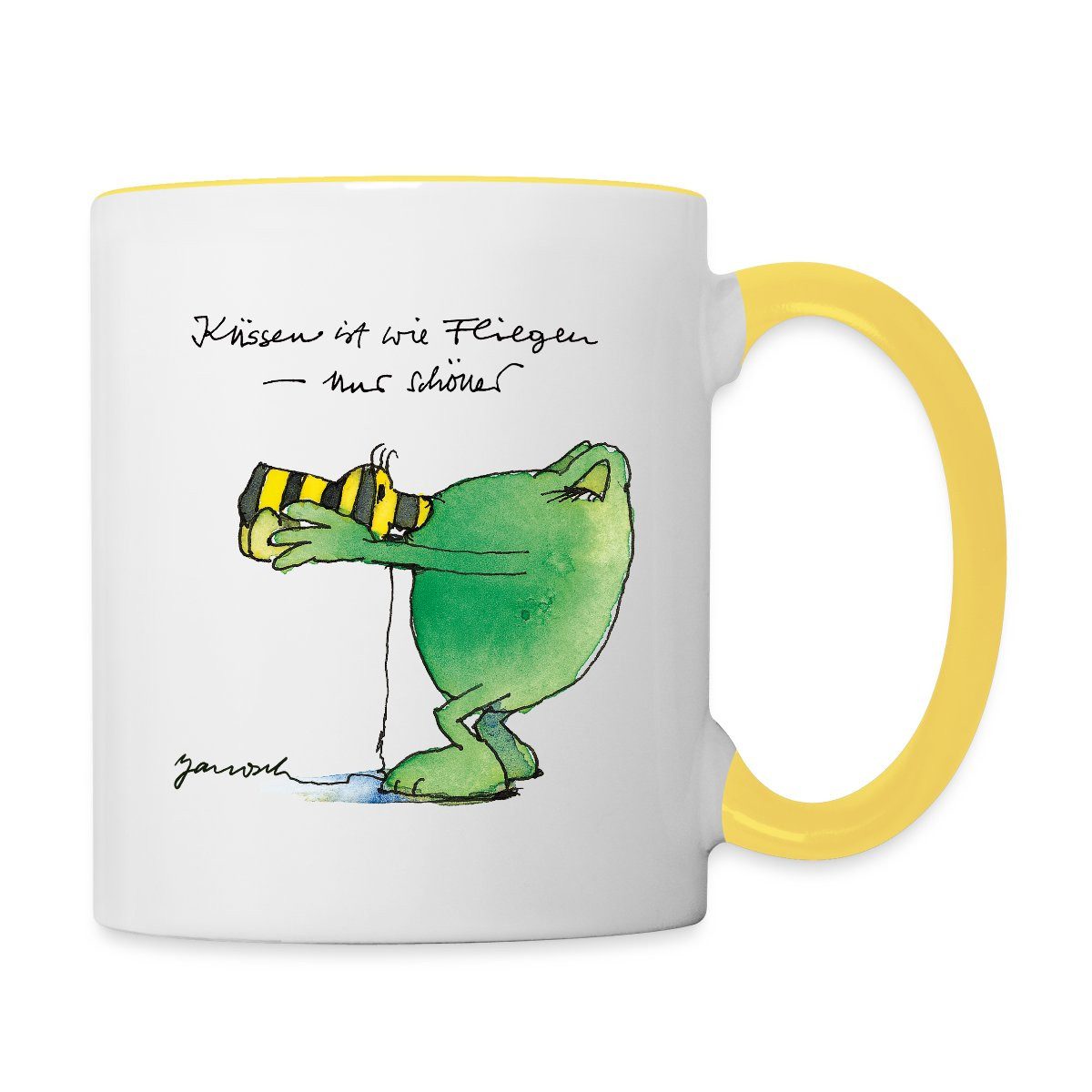 Spreadshirt Tasse Janosch Günter Kastenfrosch Küssen Ist Wie Fliegen Tasse Zweifarbig, Keramik