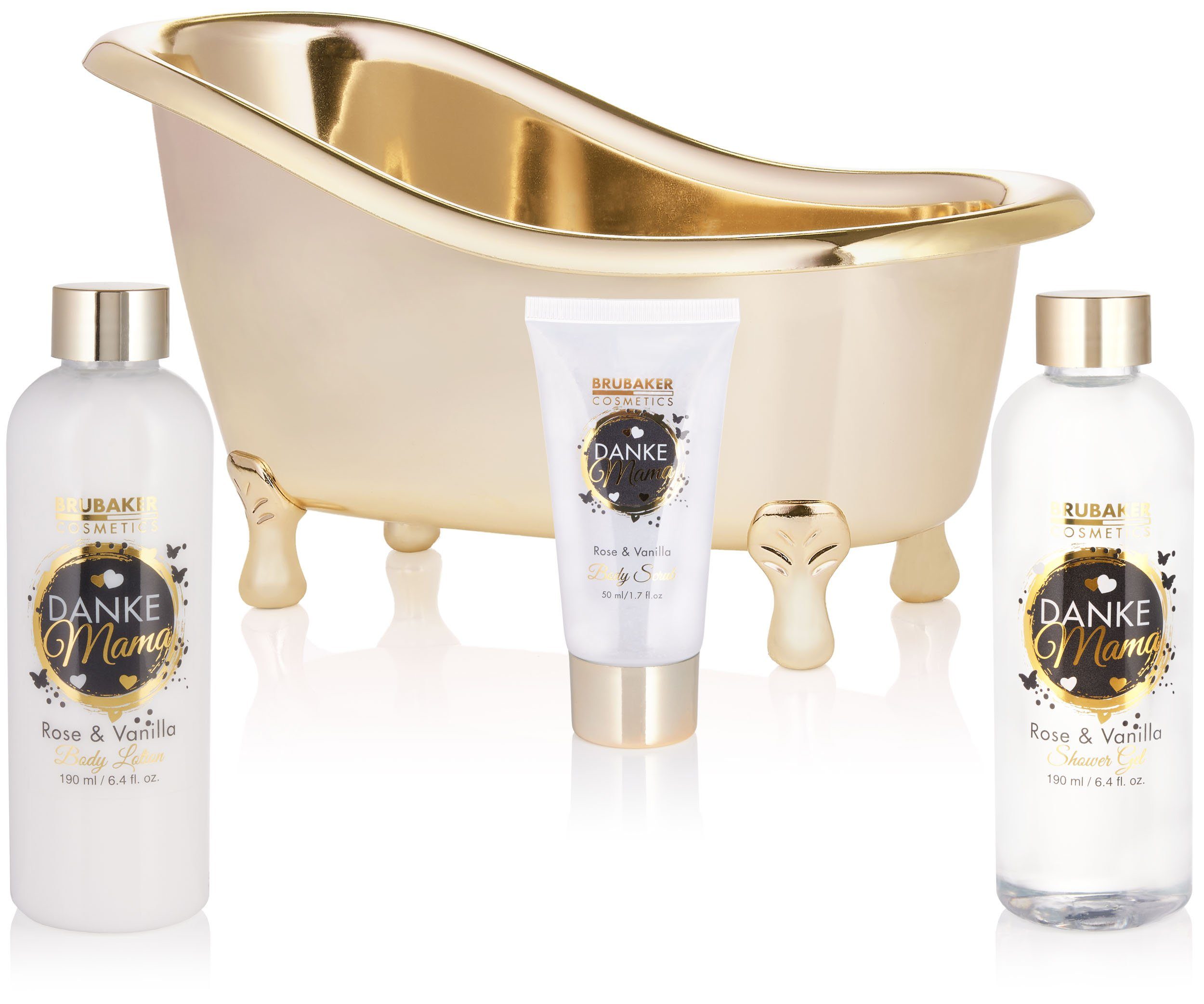 BRUBAKER Pflege-Geschenkset Danke Mama - Dusch- und Badeset mit Rosen Vanille Duft, 8-tlg., Geschenkset in Wanne - Badeset Geschenk für die Mutter - Gold Weiß