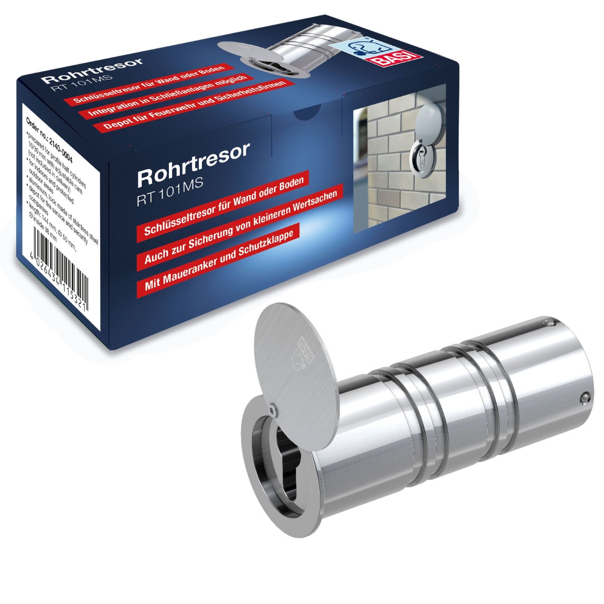 BASI Tresor Rohrtresor (Packung), Schlüsseldepot, Aluminium, ohne Halbzylinder, L142mm Ø50mm