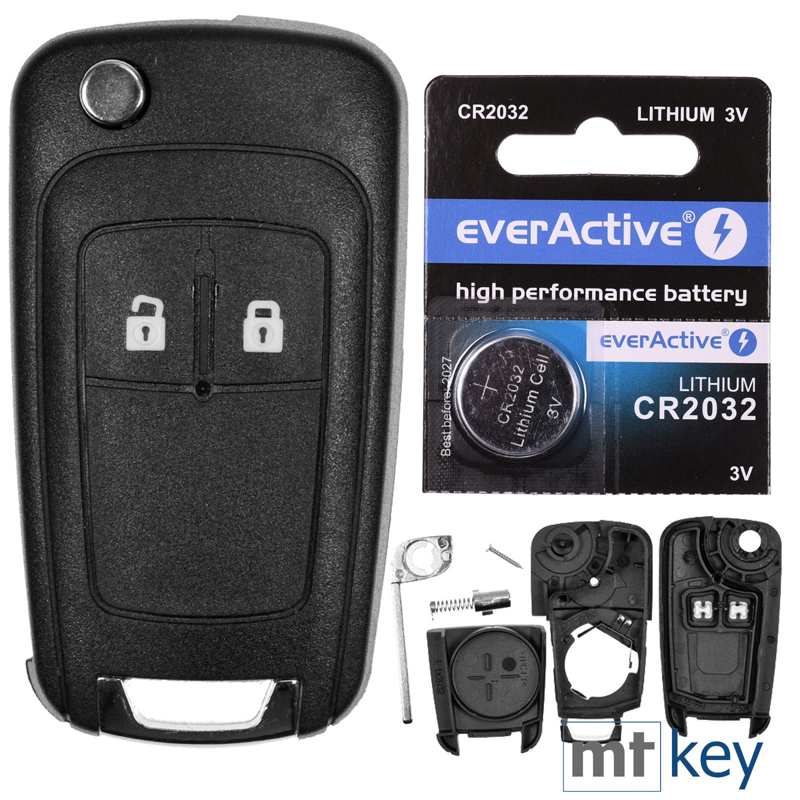 mt-key Klapp Schlüssel Reparatur Gehäuse 2 Tasten + Rohling + 1x CR2032 Knopfzelle, CR2032 (3 V), für OPEL Astra J Corsa E Mokka Zafira C Funk Fernbedienung